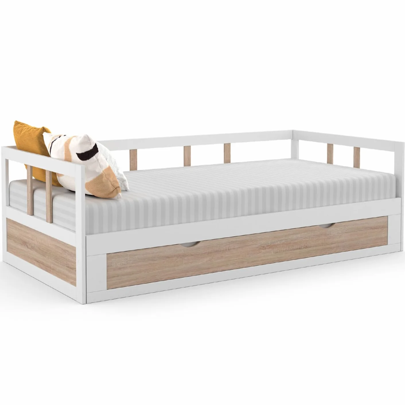 IDMarket - Cama tapizada 90 x 190 cm Zoya desplegable, 180 x 190 cm, Blanco y haya con 1 cajón