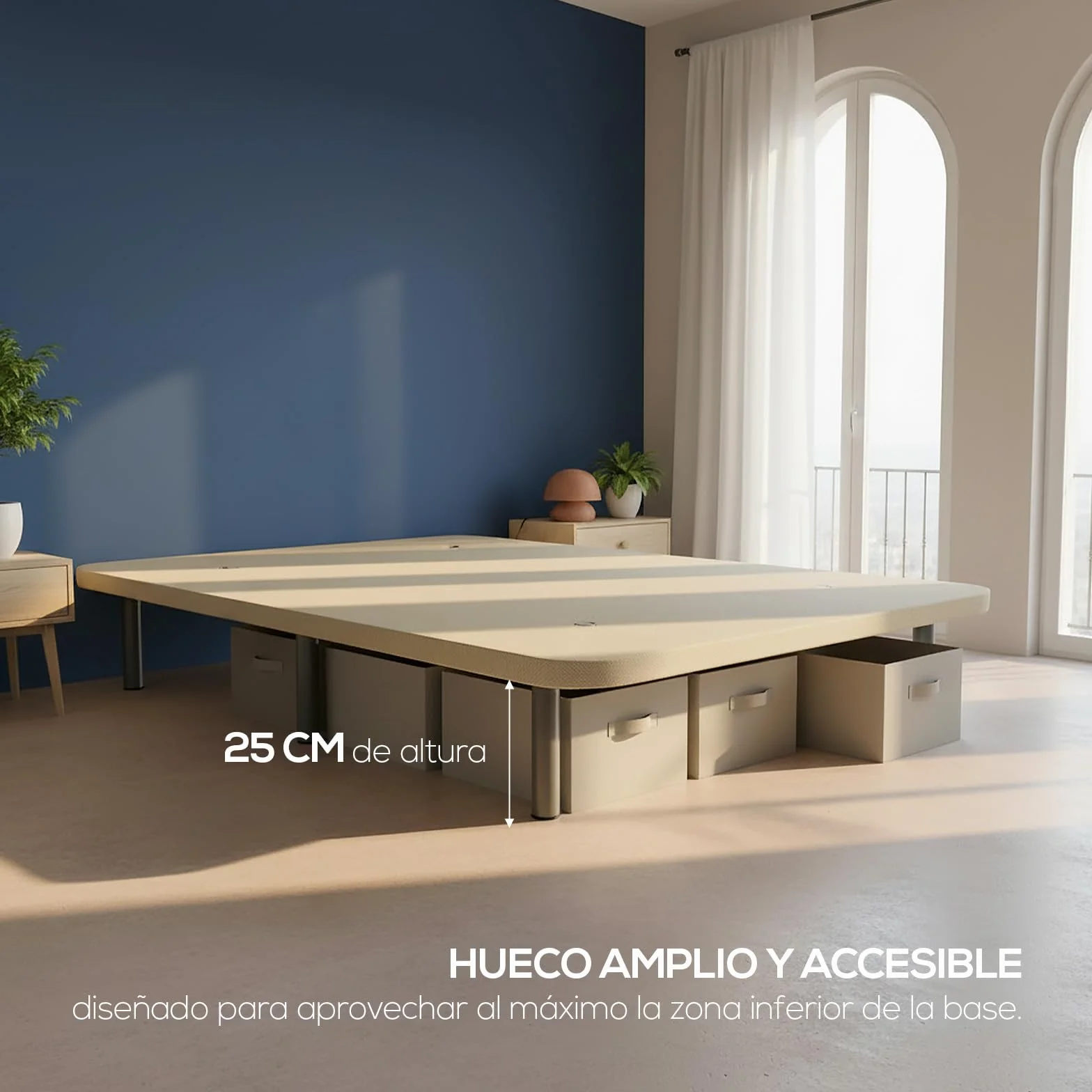 mattfy - Base Tapizada 3D 90 x 190 Beige Extra Resistente con Gran Estabilidad y Barras de Refuerzo, Incluye 6 Patas metálicas roscadas de 25cm