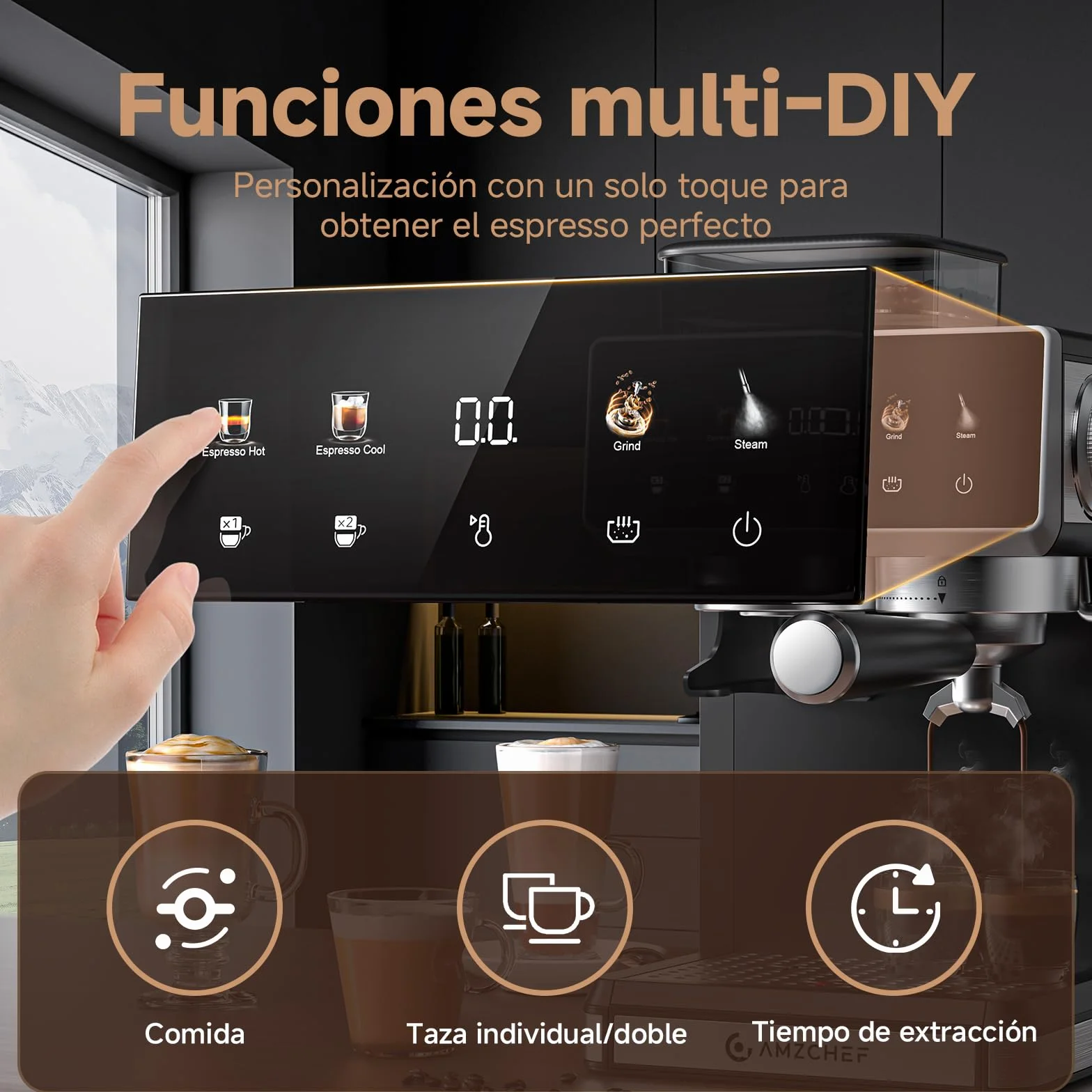 AMZCHEF Cafetera express con molinillo, cafetera espresso 20 bar para casa con vaporizador de leche, 3 niveles de temperatura, 20 ajustes de molienda, función de café frío y caliente, pantalla táctil
