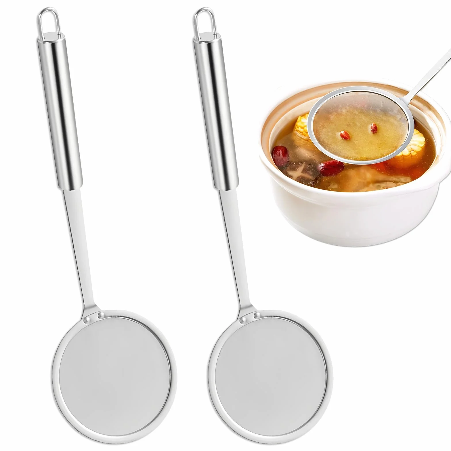 Colador de Malla Fina de Acero Inoxidable 10 cm, Espumadera de Cocina con Mango Extrafino para Separar Espuma y Grasa
