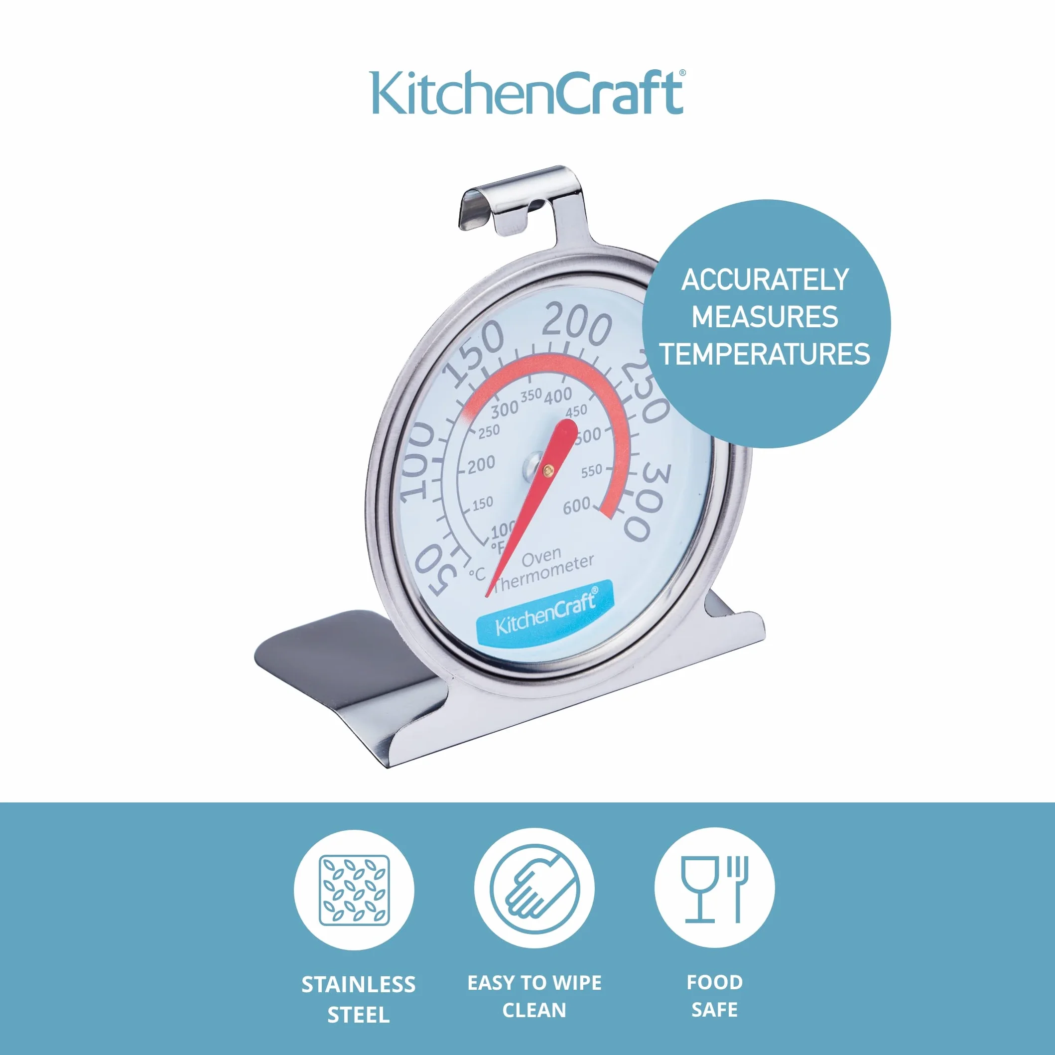 Kitchencraft Termómetro para horno 50ºC a 300ºC, Acero, Plateado, 4.3x6.6x8 cm, una unidad