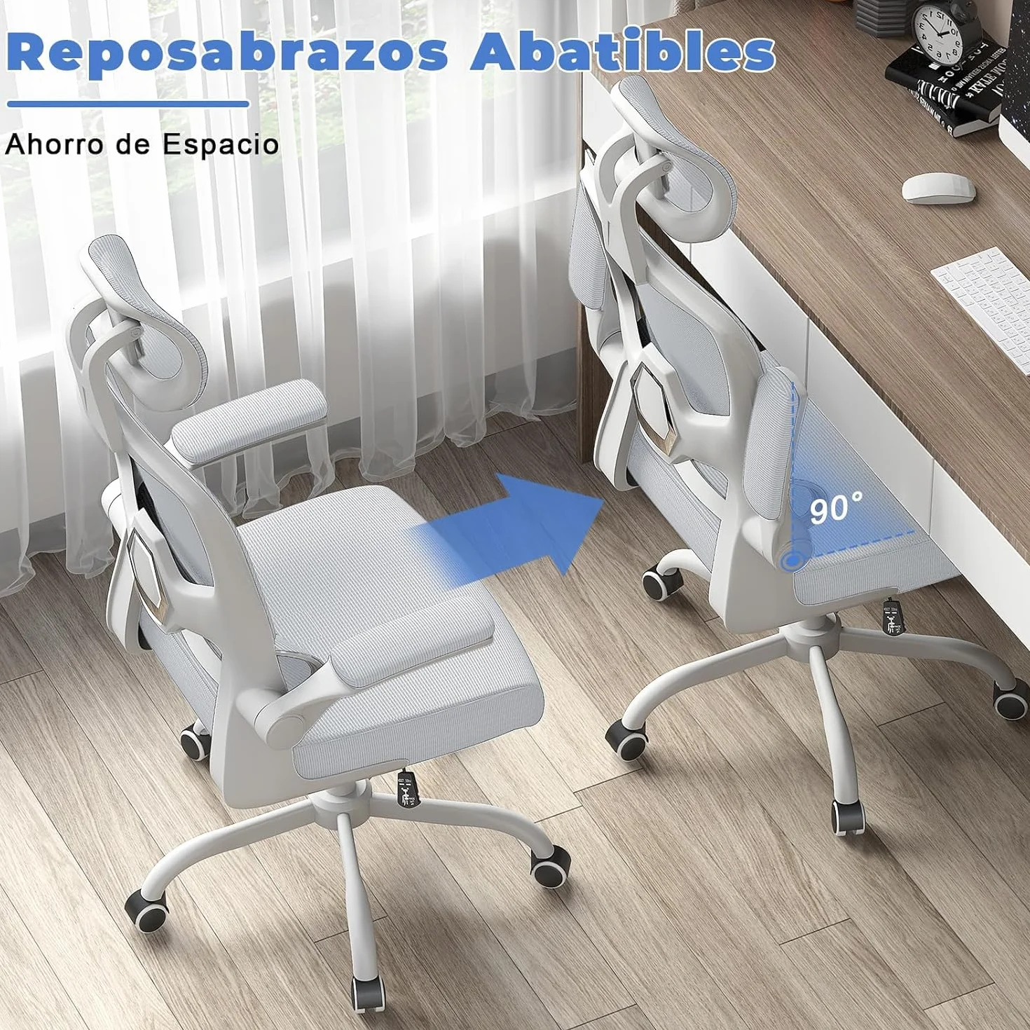 Silla Oficina Ergonómica con Soporte Lumbar Dinámico, Reposabrazos Abatibles, Ajuste de Altura, Balanceo 120°, Gris