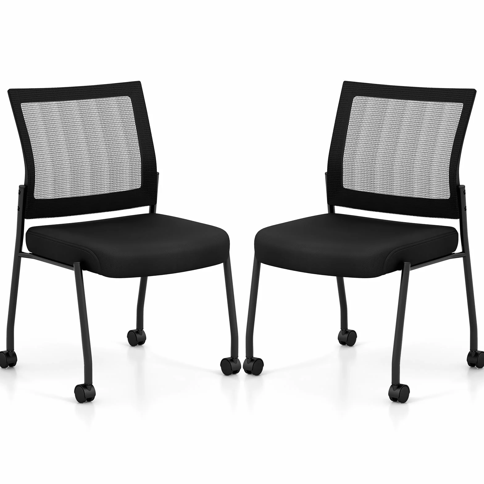 COSTWAY 2 Sillas Sala de Espera sin Brazos, Respaldo de Malla y Asiento Acolchado, Sillas Confidente con Ruedas, Silla Oficina, Carga 125kg, Negro