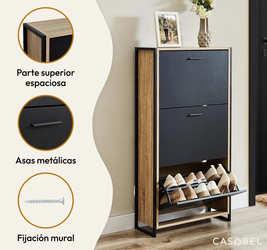 CASABEL Mueble Zapatero 18 Pares, 3 abatibles, Mueble Zapatero de Entrada con Estructura metálica Reforzada Negro, abatibles Madera Clara, instalación rápida, 23,5x63x119cm