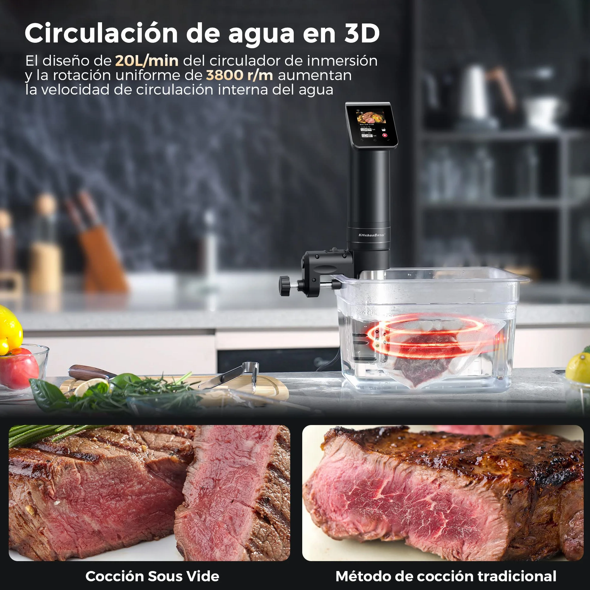 KitchenBoss Wifi Roner Cocina Baja Temperatura: G330 WLAN Sous Vide Roner, 1100W,Inmersión a Prueba de Agua IPX7 Circuladores Control de APP y Temperatura de Precisión TFT táctil Muy tranquilo