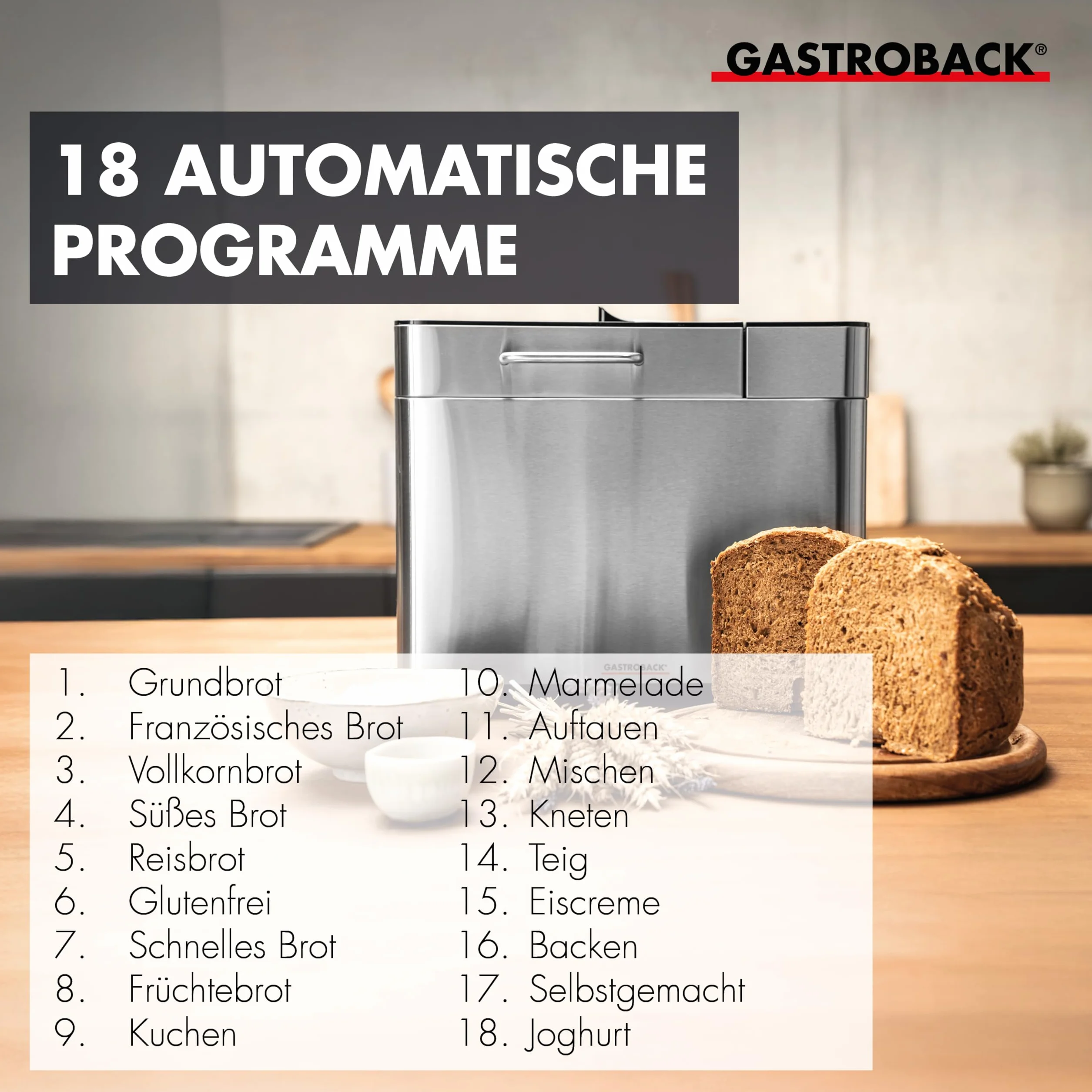 Gastroback 42823- Panificadora semi profesional (Negro, Metálico, 1 kg, Pastel de masa, Pan francés, Masa para pizza, Pan de trigo, 500 g, Sensor, 15 min)