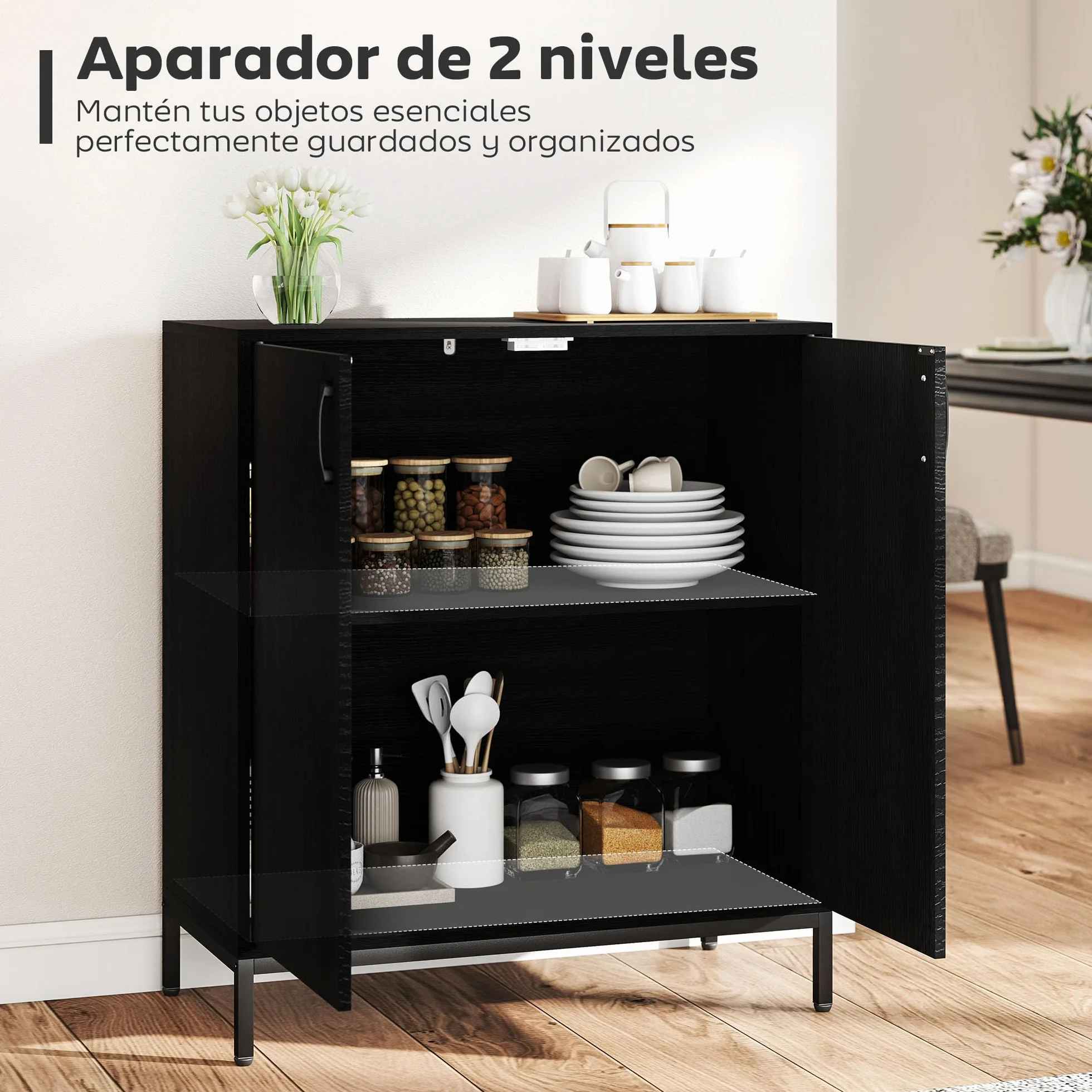 HOMCOM Aparador para Salón con 2 Puertas, Aparador de Cocina Moderno, Estante Ajustable y Base Elevada, para Comedor, Pasillo, Dormitorio, 80x40x90 cm, Negro