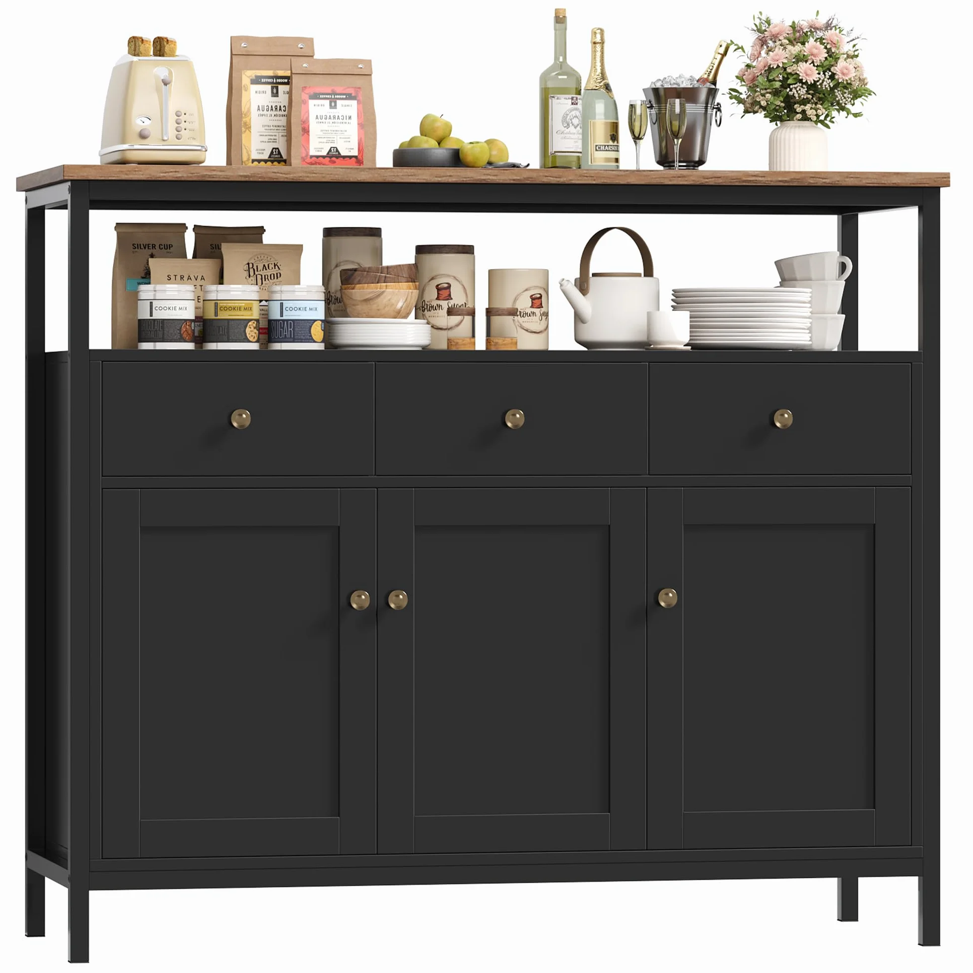FirFurd Mueble Aparador, Aparador Cocina, Aparador Comedor, Mueble Almacenaje Auxiliar, para Salón, Baño, con 3 cajones y 3 Puertas, Estante Ajustable, 108x38x98,5cm (Negro)