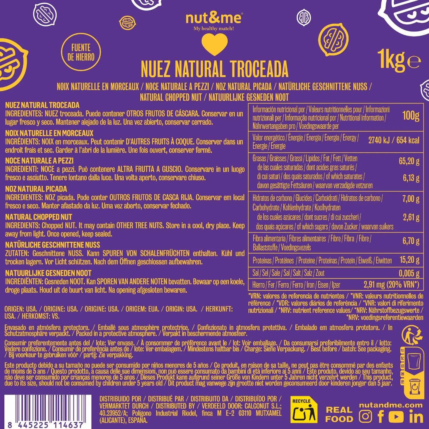 nut&me Nueces peladas 1 kg Fruto seco natural Keto Sin gluten Vegano Alto contenido en fibra