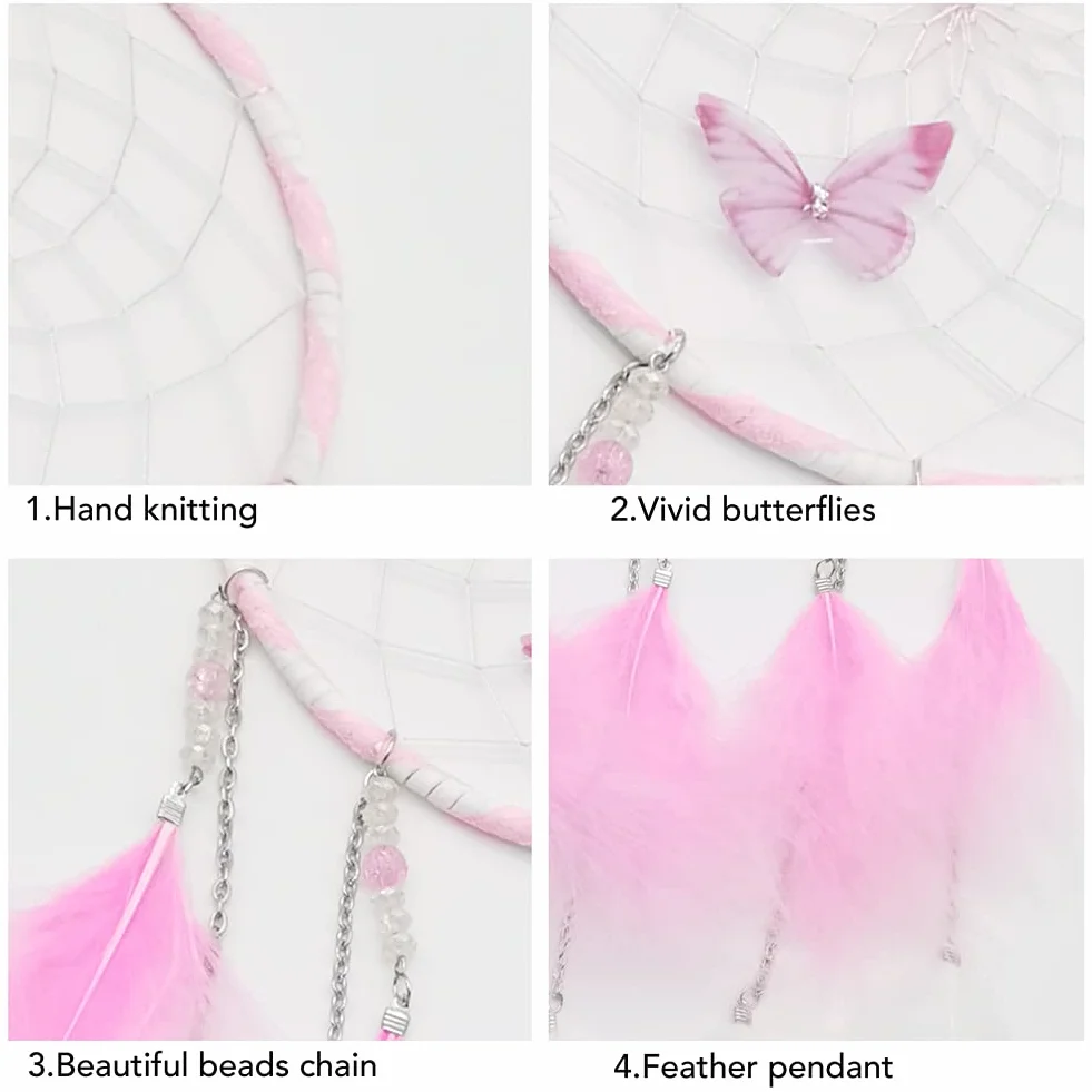 EQLEF Atrapasueños Rosa, Atrapasueños de Mariposa para Colgar en la Pared, Atrapasueños de Plumas, Adorno de Red de Hadas para Decoración de Bodas y Dormitorios