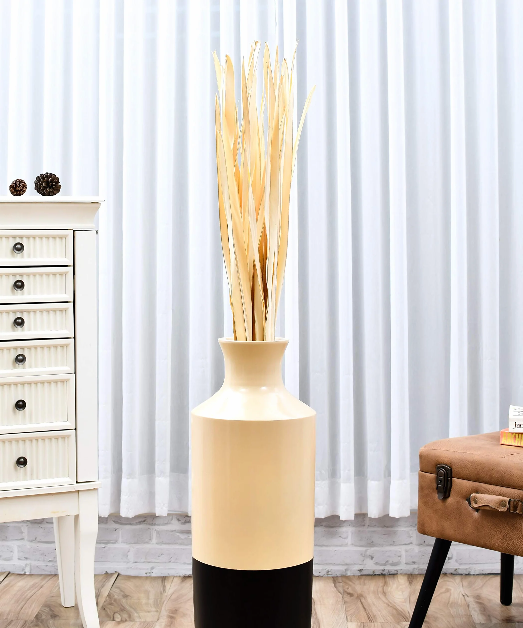 LEEWADEE Decoración Jarrón Suelo - Hojas de Palma Secas 115 cm Natural, Set 2 Ramos