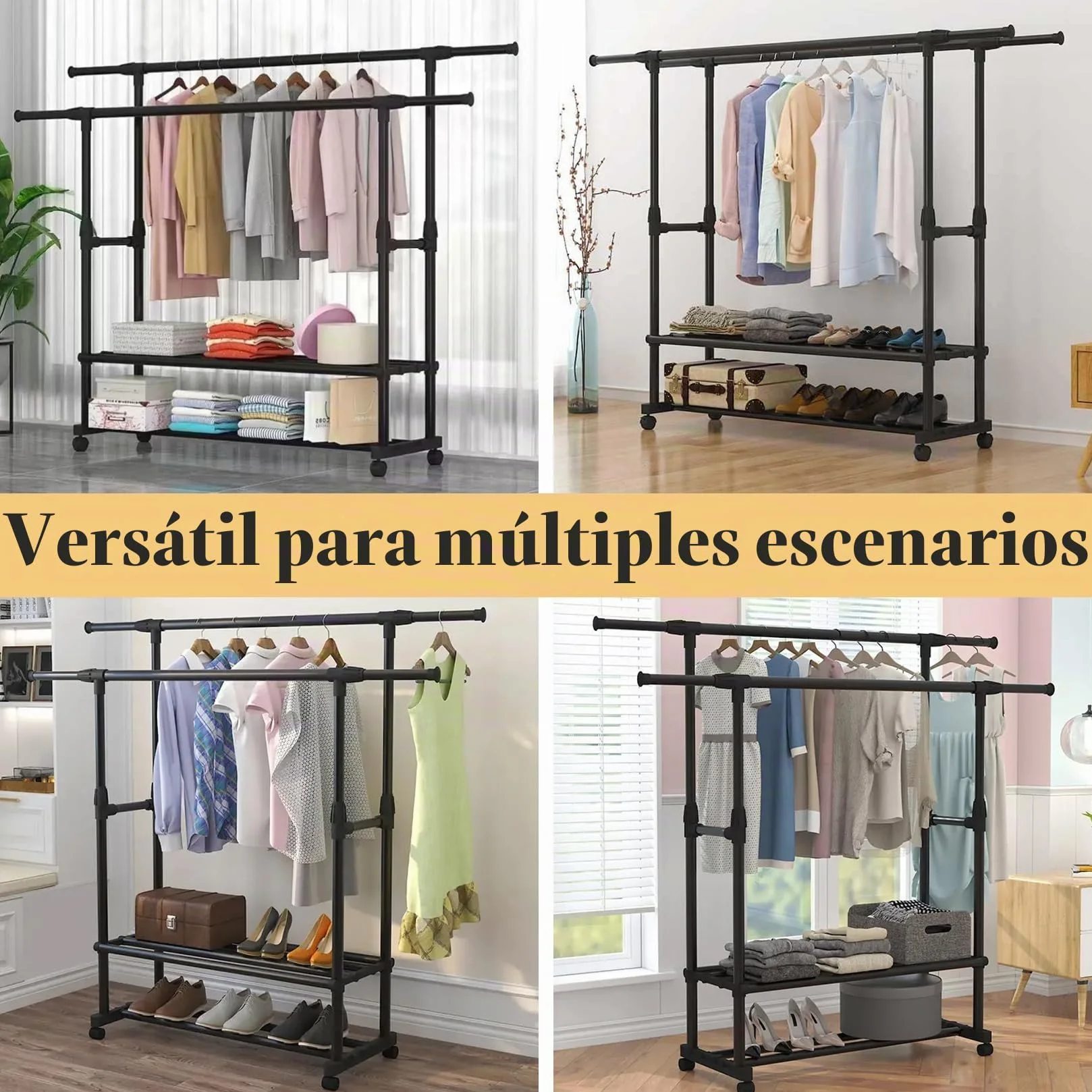Perchero extensible de metal multifuncional con 2 capas de almacenamiento y ruedas