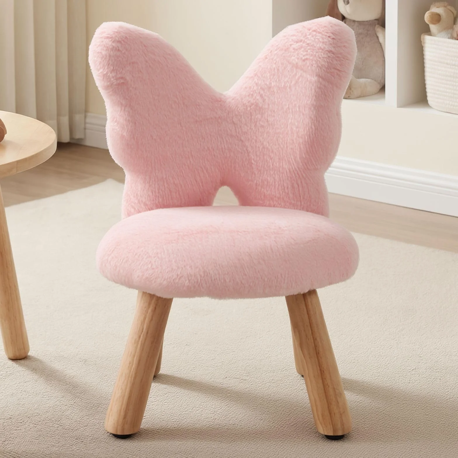 chairus Silla Infantil con Respaldo en Forma de Mariposa, Sillón Infantil de Pelo Sintético Silla para Niñas con Patas de Madera, Rosa