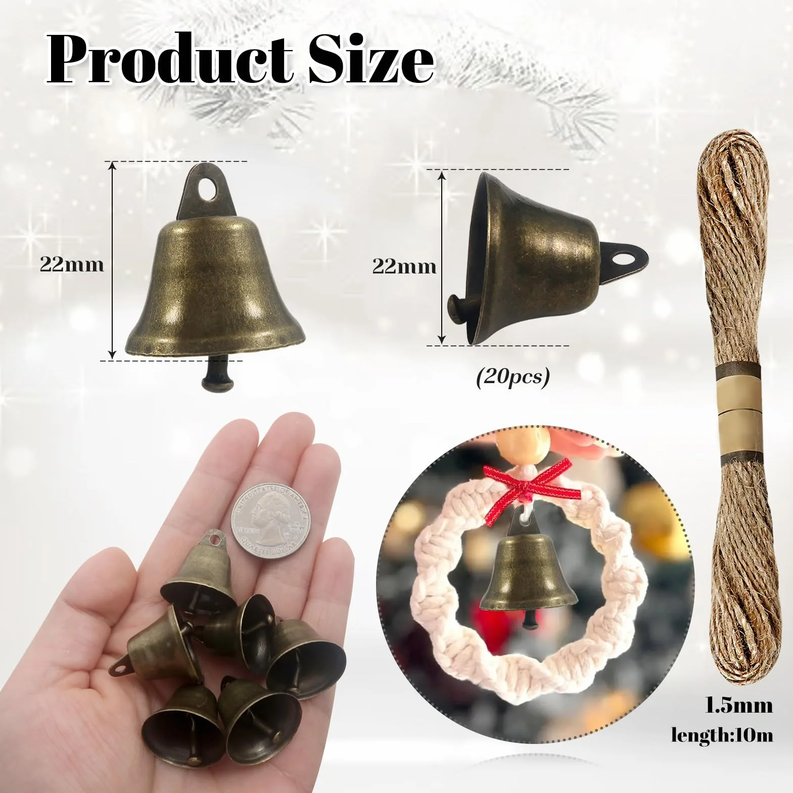 Campanas de Bronce para Manualidades 20 Piezas 22 mm con Cuerda de Cáñamo Carillones de Viento Decoración Navideña
