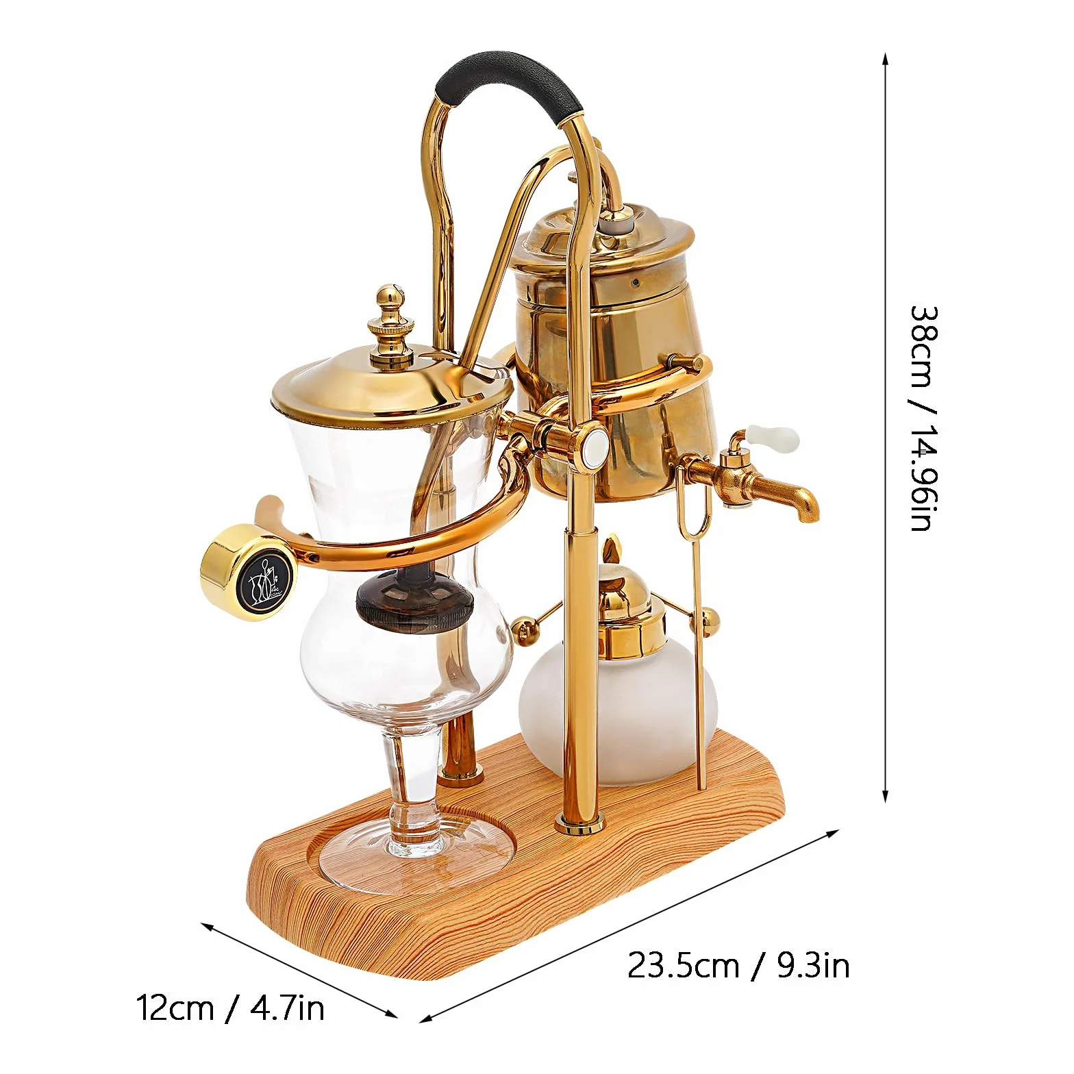 Luxury Siphon Balance - Juego de Cafetera con Sifón, Retro y al Vacío, Tetera, Base de Madera Natural y Pomo (Dorado)