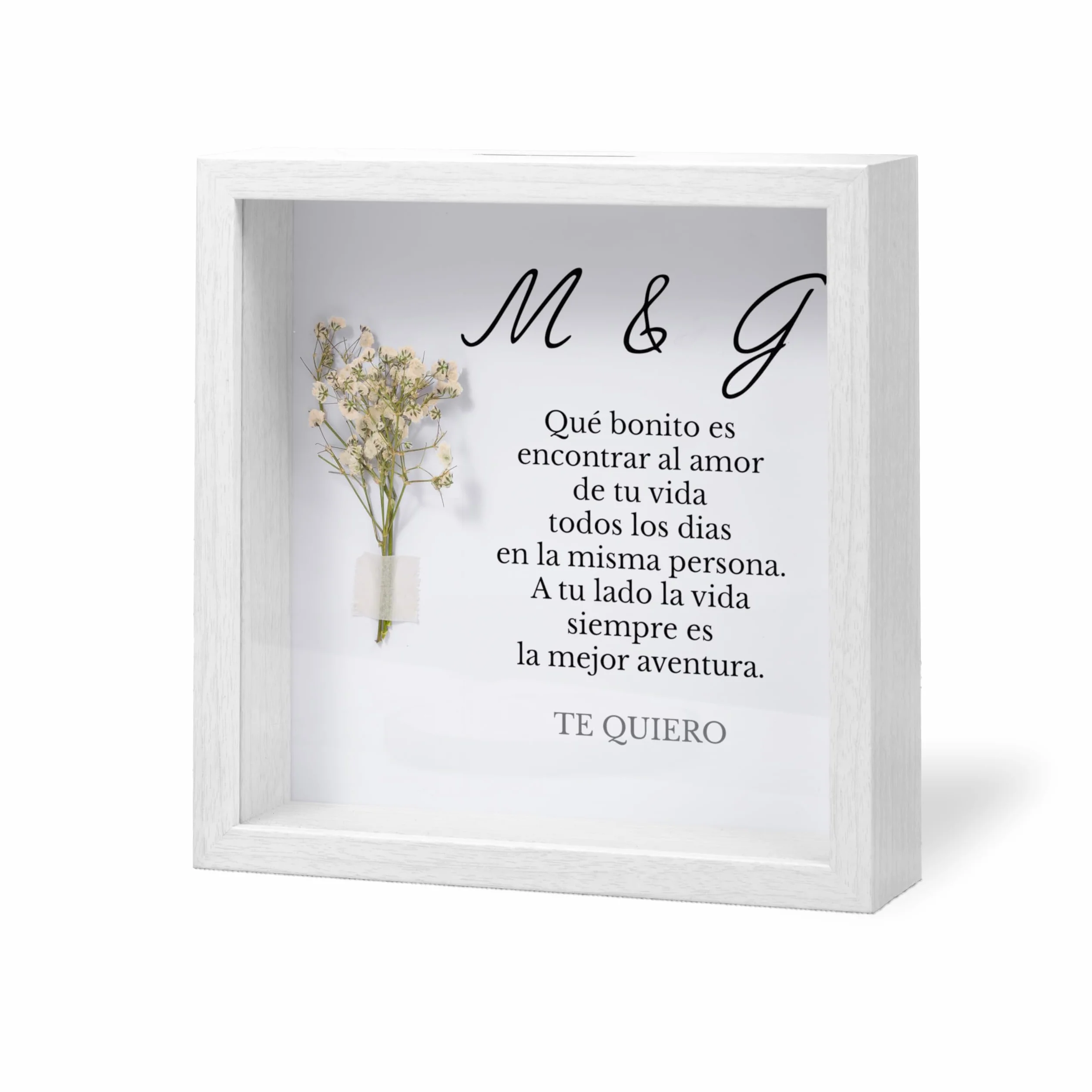 Marco Personalizado con Ramo y Profundidad 21,5x21,5x4,5 cm | Personalizable Texto | Regalo Original para Cumpleaños, Aniversario, San Valentín o Día de la Madre