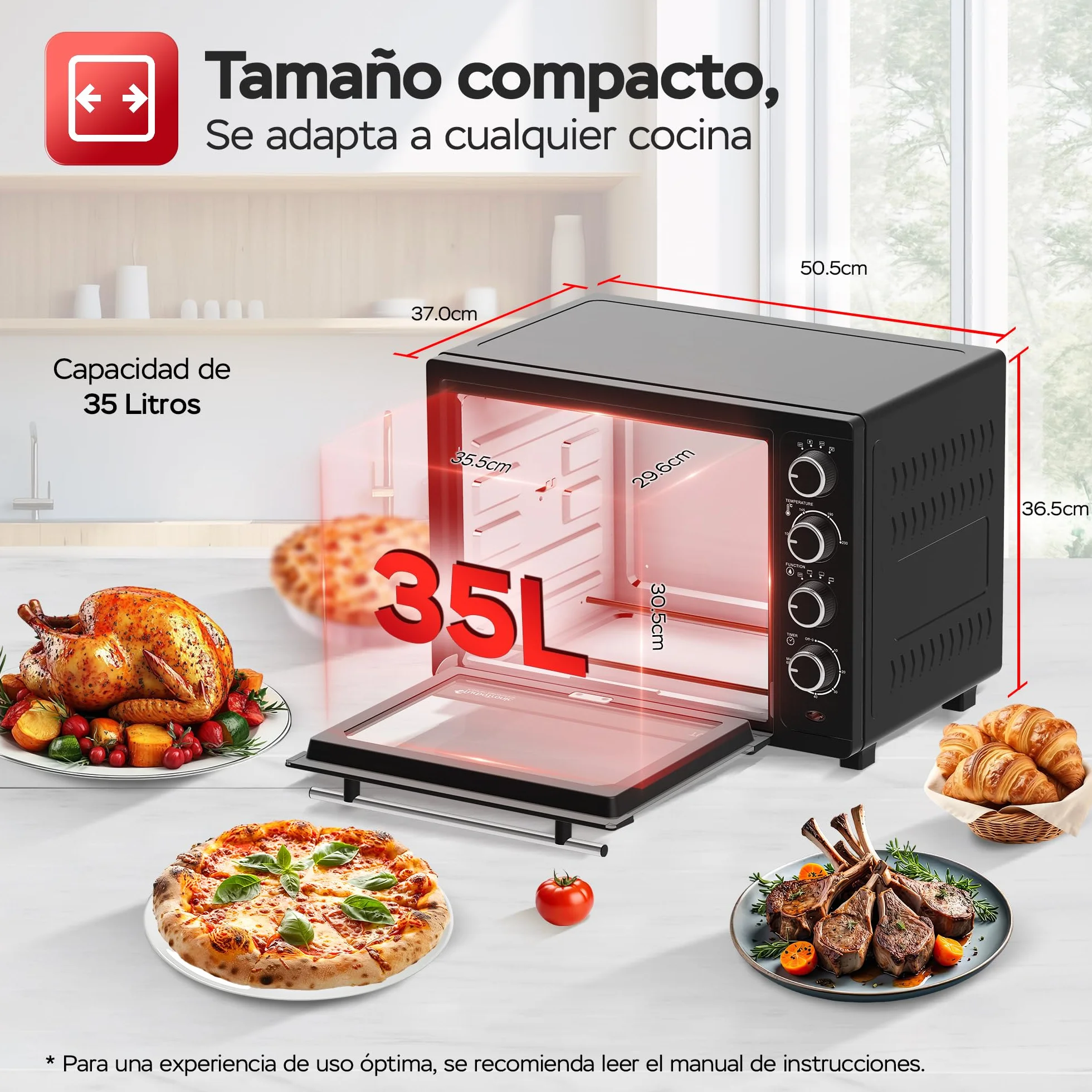 TurboTronic Horno de Convección 35L 1600W con Asador Giratorio, Sobremesa Compacto, 2 Bandejas
