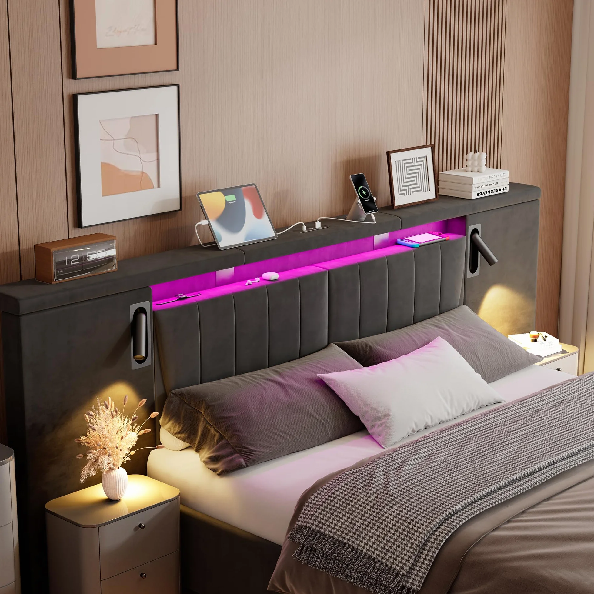 Cama 180x200 con LED y USB, Camas Matrimoniales con Almacenaje, Cama Matrimonio con lámpara de Lectura, Cama Canape con Cabecero, Estructura Cama Doble con Somier, Sin Colchón,Terciopelo (Gris)