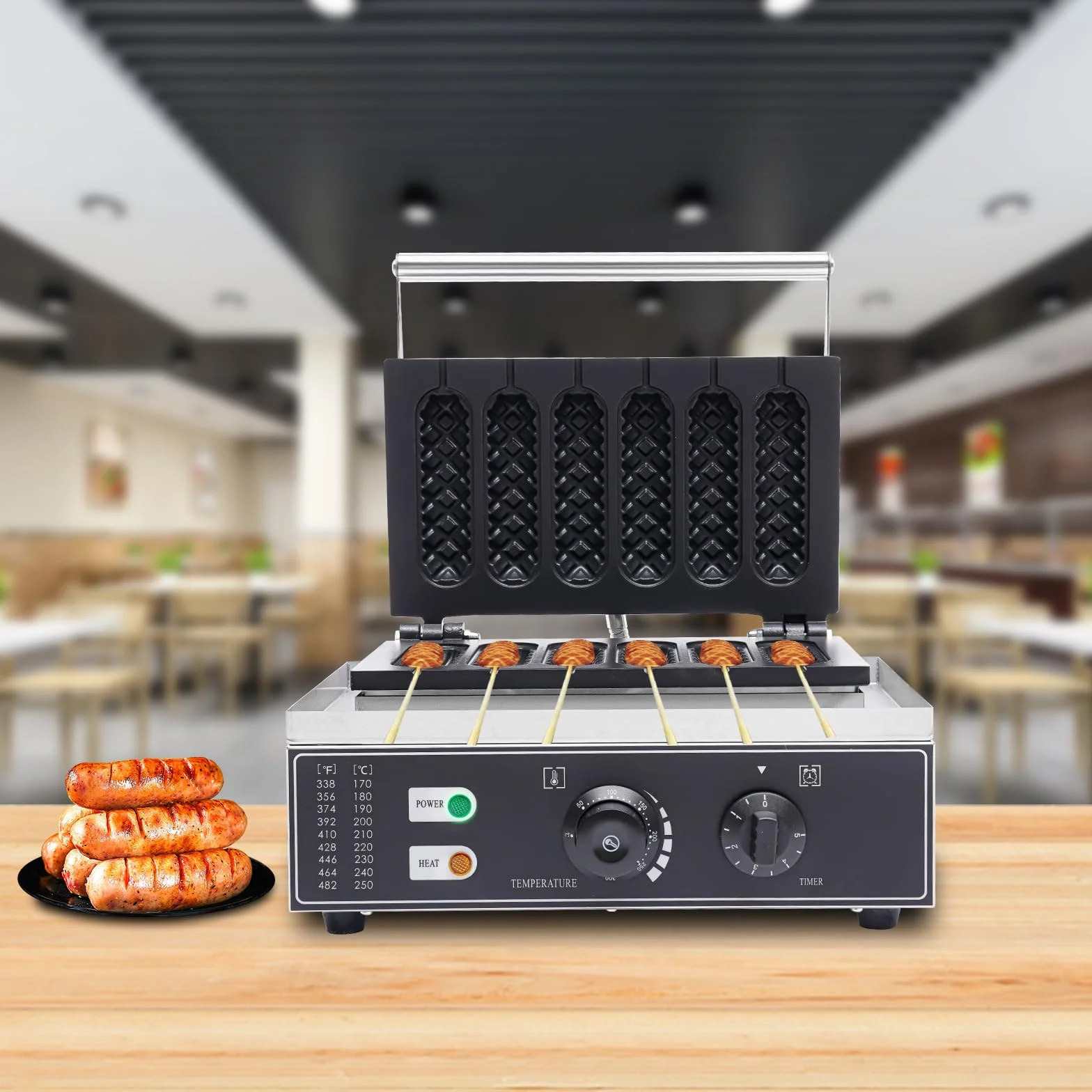 Máquina de perritos calientes 1500W 220V 6 unidades control temperatura 50-300℃ acero inoxidable