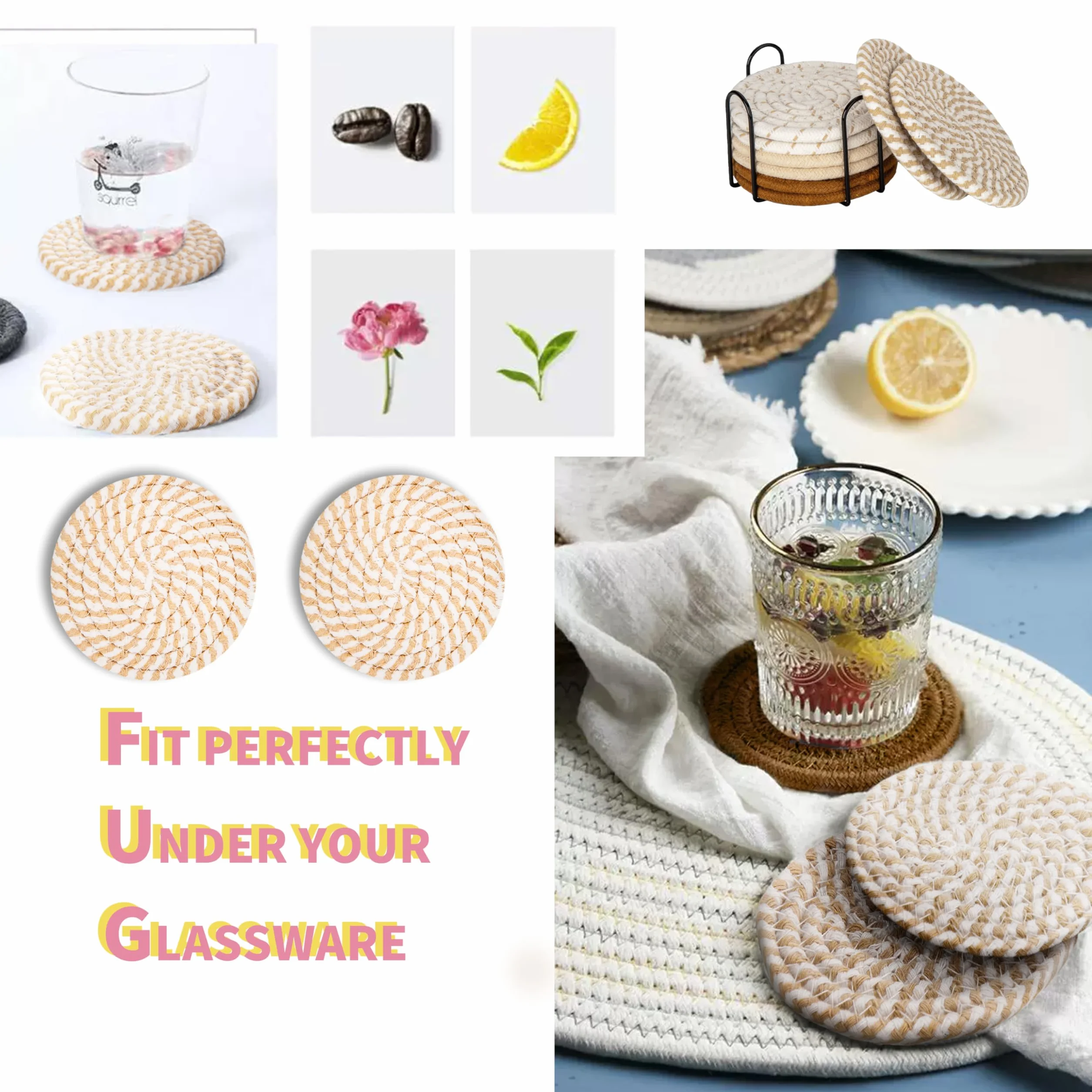 8 Posavasos Redondos para Vasos y Bebidas - Con Soporte, Antideslizantes, de Algodón Trenzado para Tazas de Cristal (Amarillo)