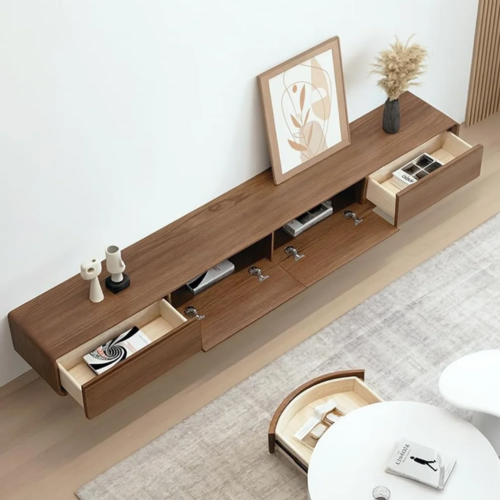 Mueble de TV de Madera Maciza,160–240CM Mueble de TV Flotante, Mueble Bajo de Pared para TV, Adecuado para el Salón y el Dormitorio Marrón160cm