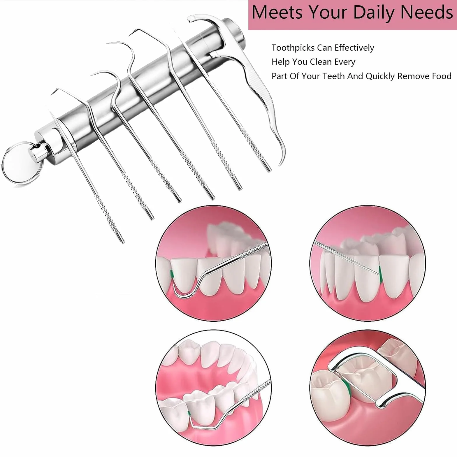 Juego de 7 palillos de dientes de acero inoxidable 304 portátil con tubo