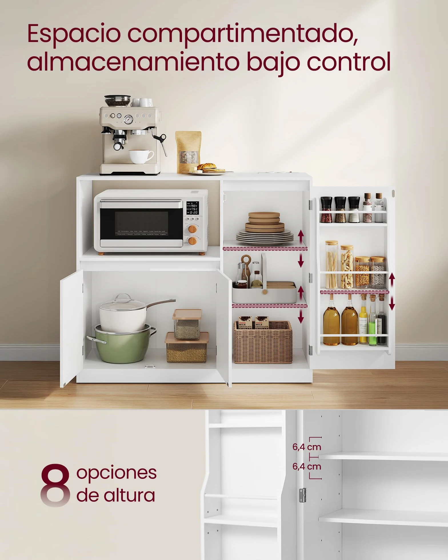 VASAGLE Kailyn Colección - Aparador de Cocina, Mueble de Almacenaje, Aparador Vajillero con Encimera, Estante para Microondas, 1 Compartimento, 3 Puertas, Estantes Regulables, Blanco Nube BBK373WB01