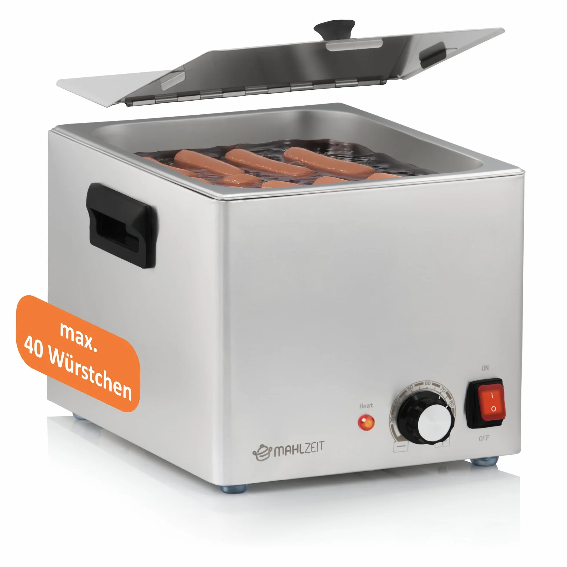 Mahlzeit Calentador de Salchichas Eléctrico de Acero Inoxidable | 29,5 x 34,5 x 24 cm | Calentador de Salchichas Gastro | 220-240 V | 1200 W | Calentador para Perritos Calientes, Hot Dog Warmer