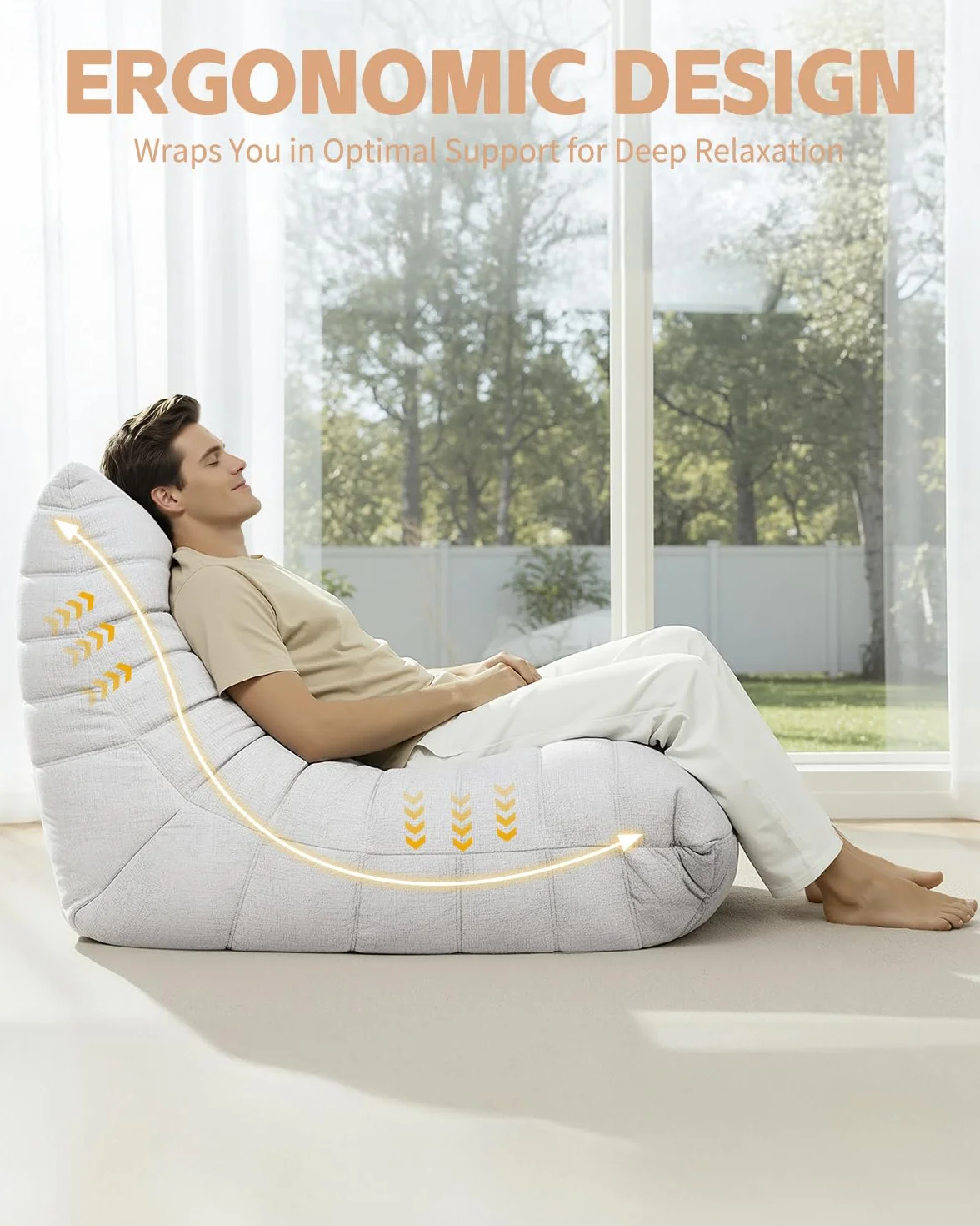 Puf de Espuma de Alta Densidad para sofá, sofá de Suelo de Chenilla con Respaldo, sillón de Lectura para Interiores, Perezoso para salón y Dormitorio (Beigewhite)