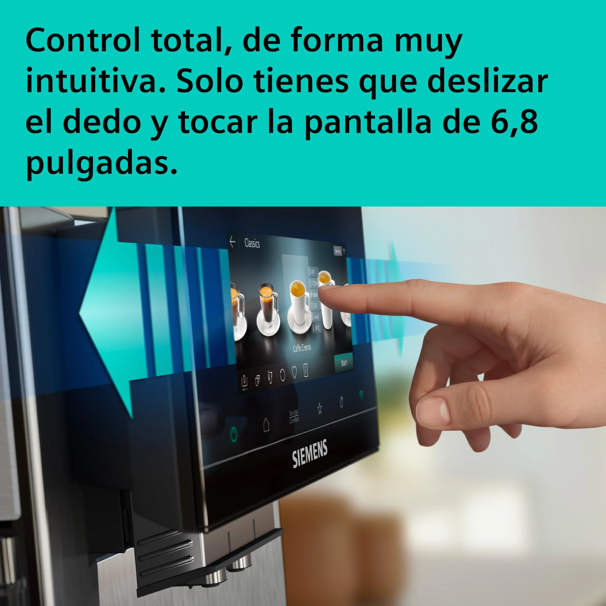 SIEMENS, cafetera superautomática, EQ900 iAroma, sabores personalizados, molienda precisa, pantalla grande para uso intuitivo, dos depósitos para granos diferentes, inox, TQ927E03