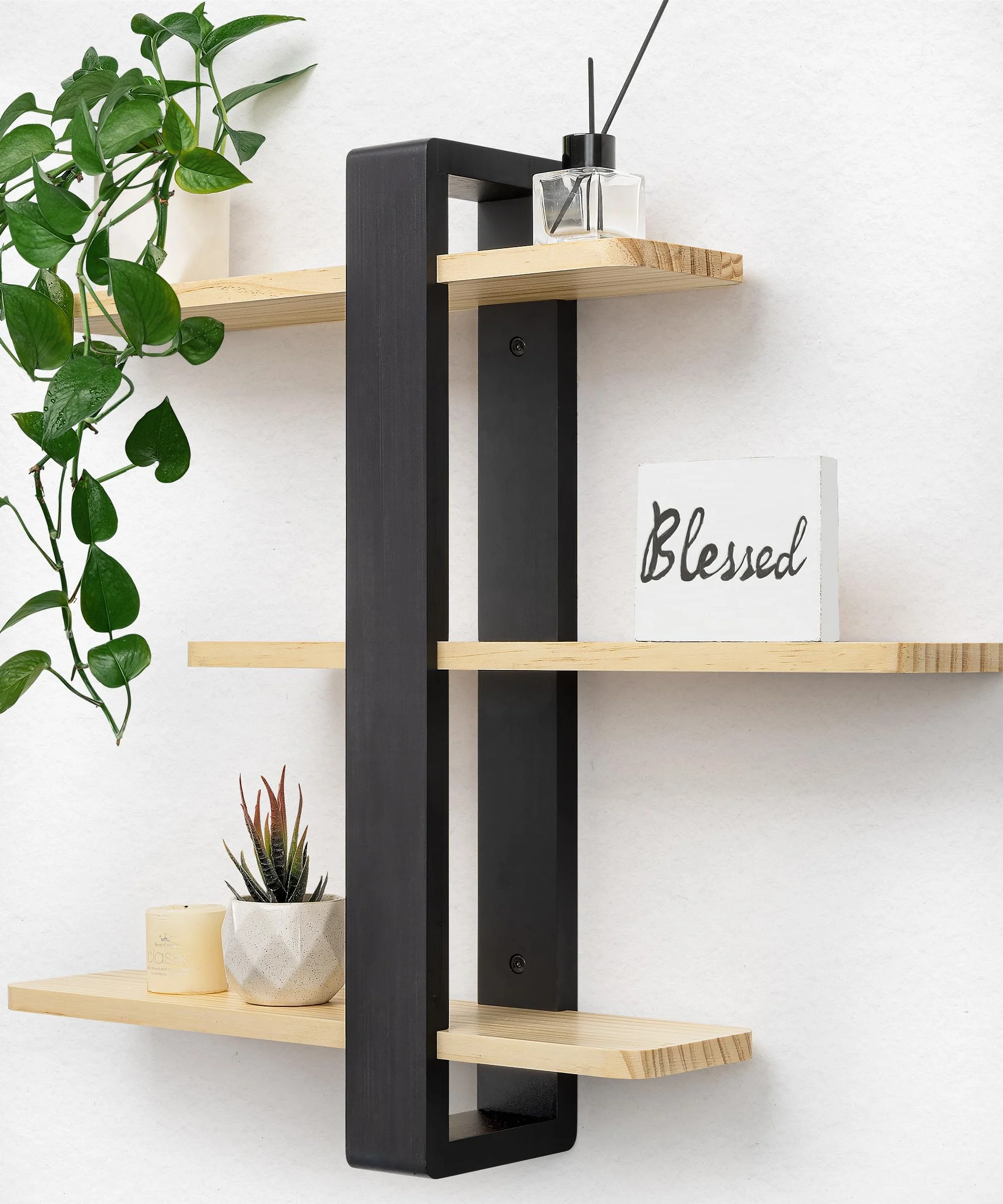 SUMGAR Estantería de Pared 3 Niveles Pino Macizo 50 cm Negro y Madera