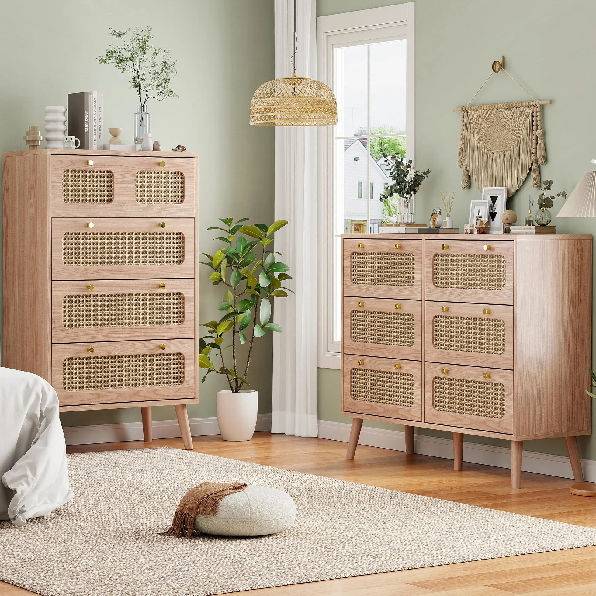 FOERPL Cómoda con 6 Cajones, 100 x 34 x 73 cm, Cómoda de Madera y Ratán, Mueble de Almacenamiento de Madera para Oficina, Salón o Dormitorio, Ratán PE