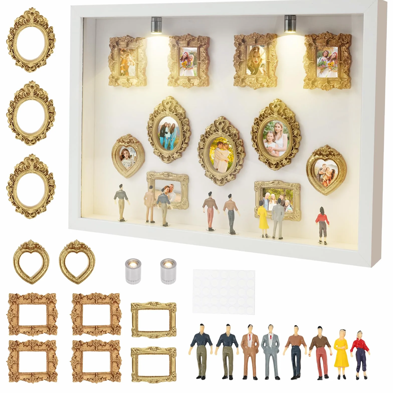 DIY Mini Museum Silhouette Box,Museum of Us DIY,Shadow Box,Miniatur Bilderrahmen,Foto Erinneranzeige Set mit 8/11 Mini Bilderrahmen Gold,8 Zufällig Figuren und 2 Lampen,für Jubiläg,Geschenk