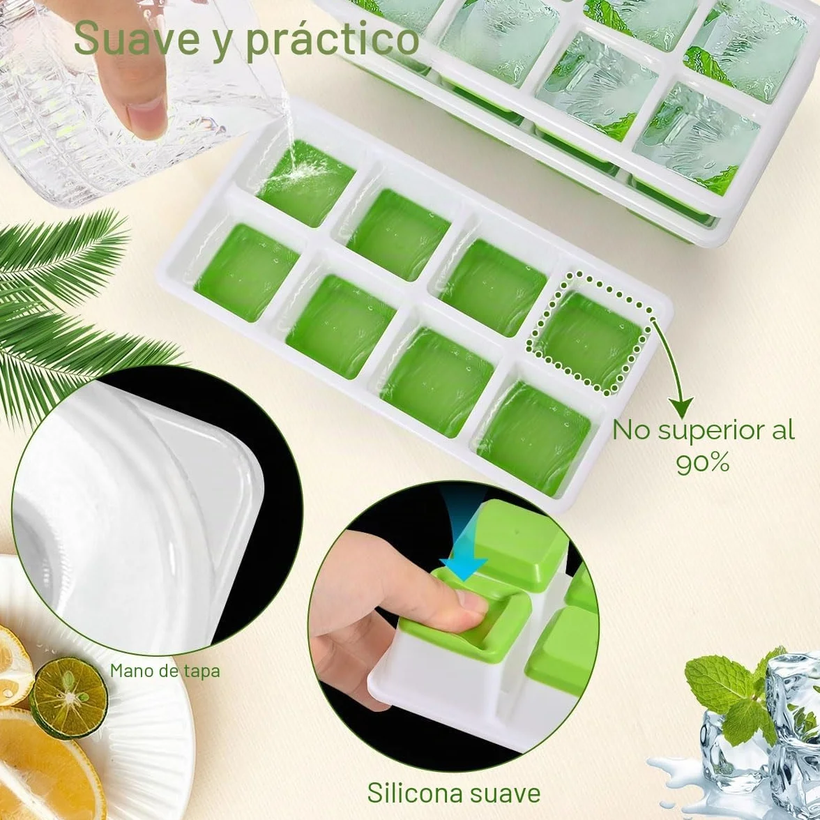 Cubiteras para Hielo Grande Alinana Juego de 3 Cubitera Silicona con Tapa Grandes Apilables Sin BPA Capacidad 24 Cubitos