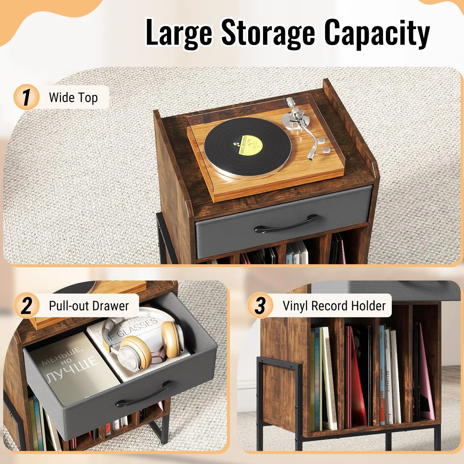 FANTASK Soporte para tocadiscos, estante para discos de vinilo con cajón de tela plegable, 4 compartimentos, hasta 160 álbumes, estilo vintage