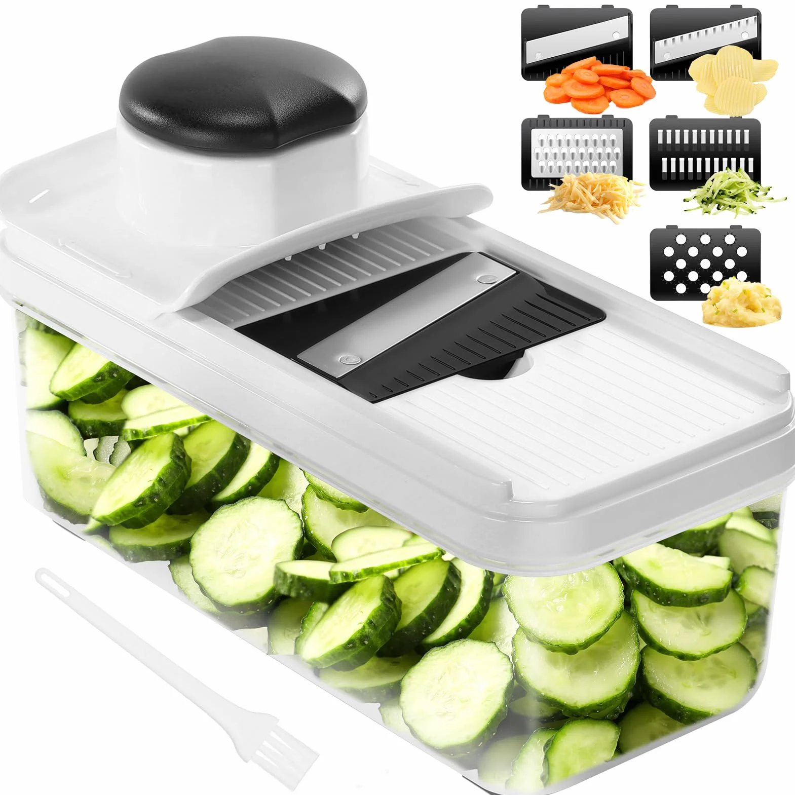 Mandolina de Cocina Profesional, Cortador de Verdura, Rallador de Verduras con 5 Cuchillas Afiladas Intercambiables, Cortador de Patatas Tomates Pepinos Queso Frutas（Negro）