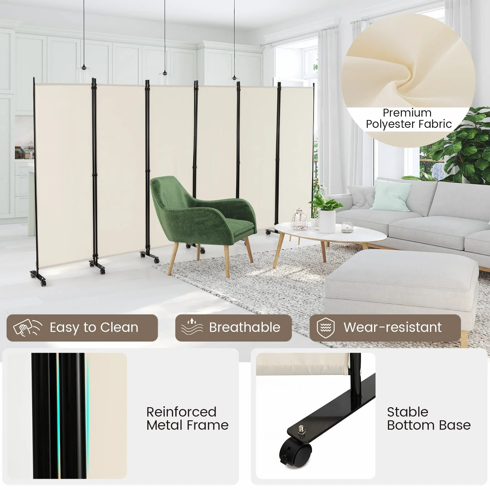 GIANTEX Biombo Plegable con Ruedas, Separador de Privacidad 6 Paneles, 334,5 x 172 cm, Divisor de Habitación de Tela con Patas Anchas, Protección Privada (Beige)