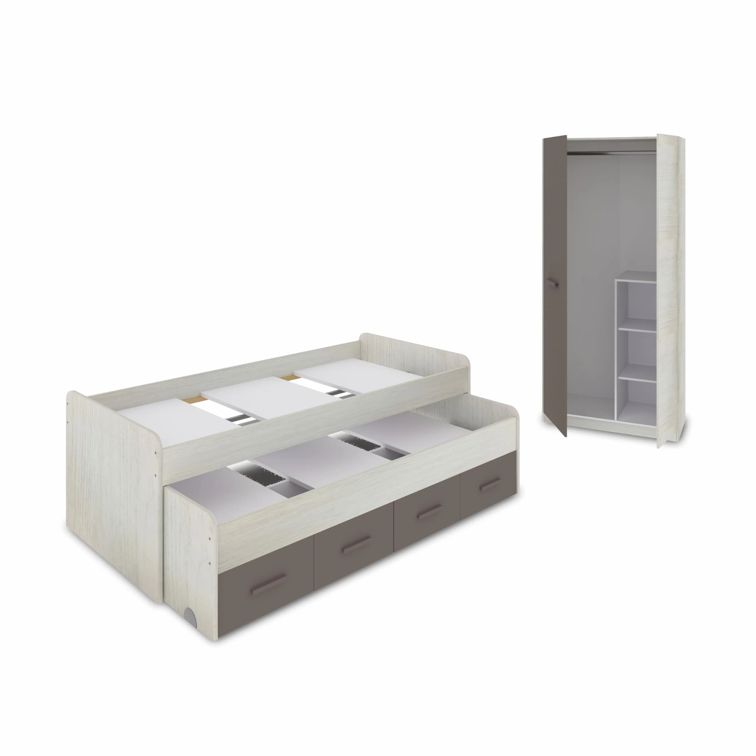 duehome | Pack de Dormitorio Juvenial con Cama Nido Juvenil y Armario, Conjunto de Dormitorio Infantil, Modelo Axim Plus, Acabado en Blanco Alpes y Basalto