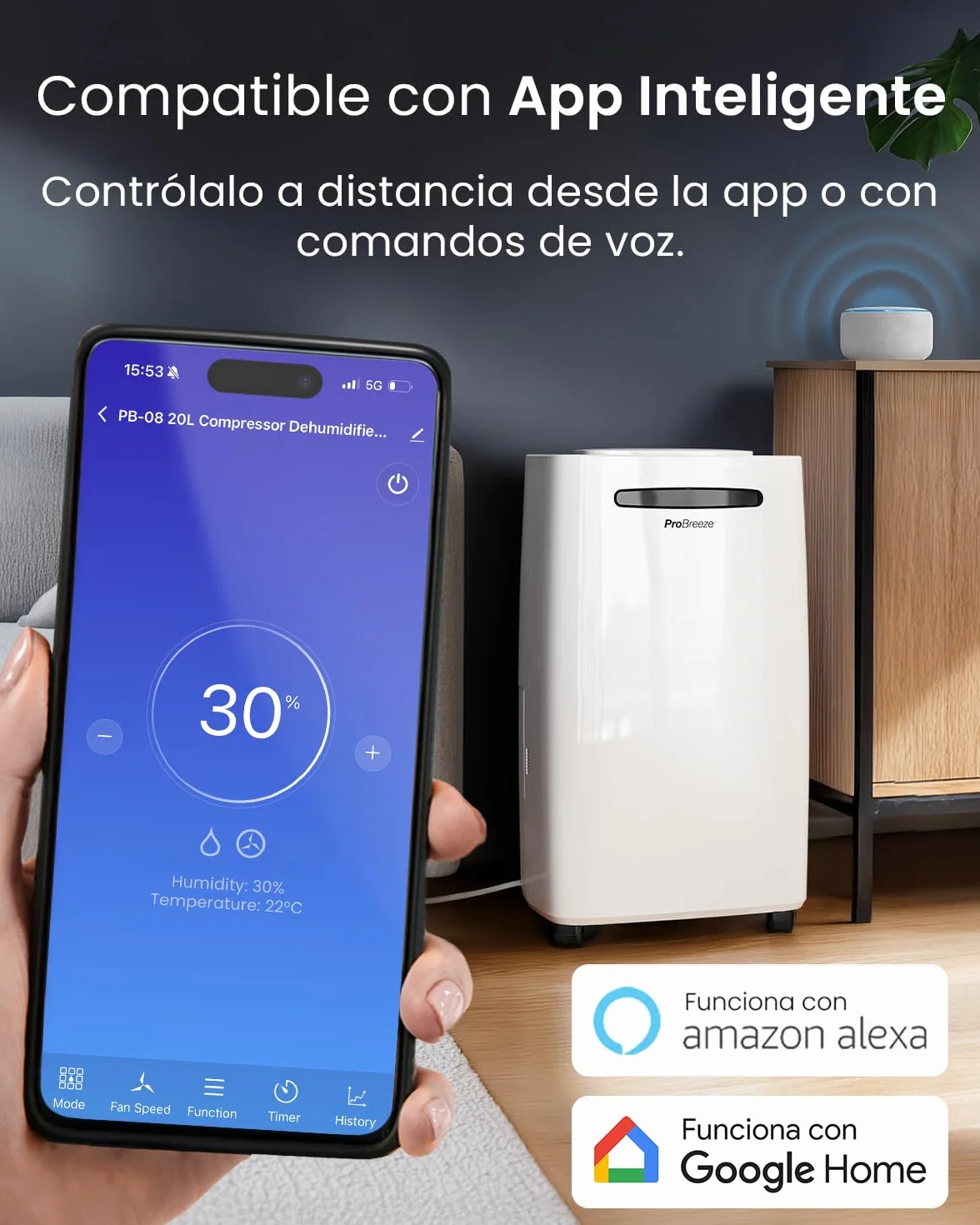 Pro Breeze deshumidificador inteligente 20L/día con Wi-Fi, sensor de humedad, modo ropa y drenaje continuo para condensación y moho en casa