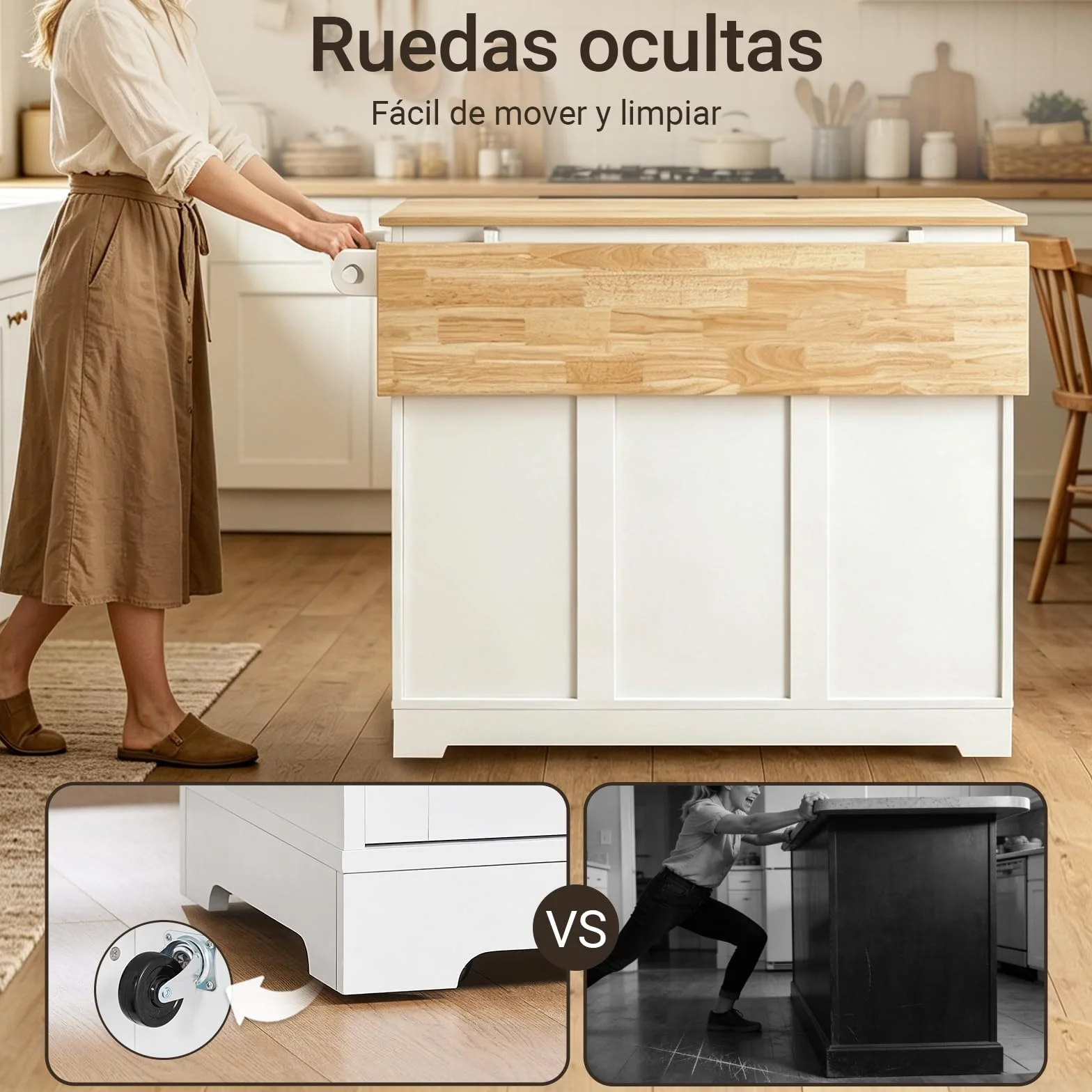 SoBuy Isla Cocina con Ruedas Carro de Cocina con Encimera Extensible Mueble Auxiliar de Cocina con 2 Cajones y Estantes Ajustables, Ideal para Cocinas Pequeñas Blanco 113 × 44–69 × 91 cm FKW129-WN