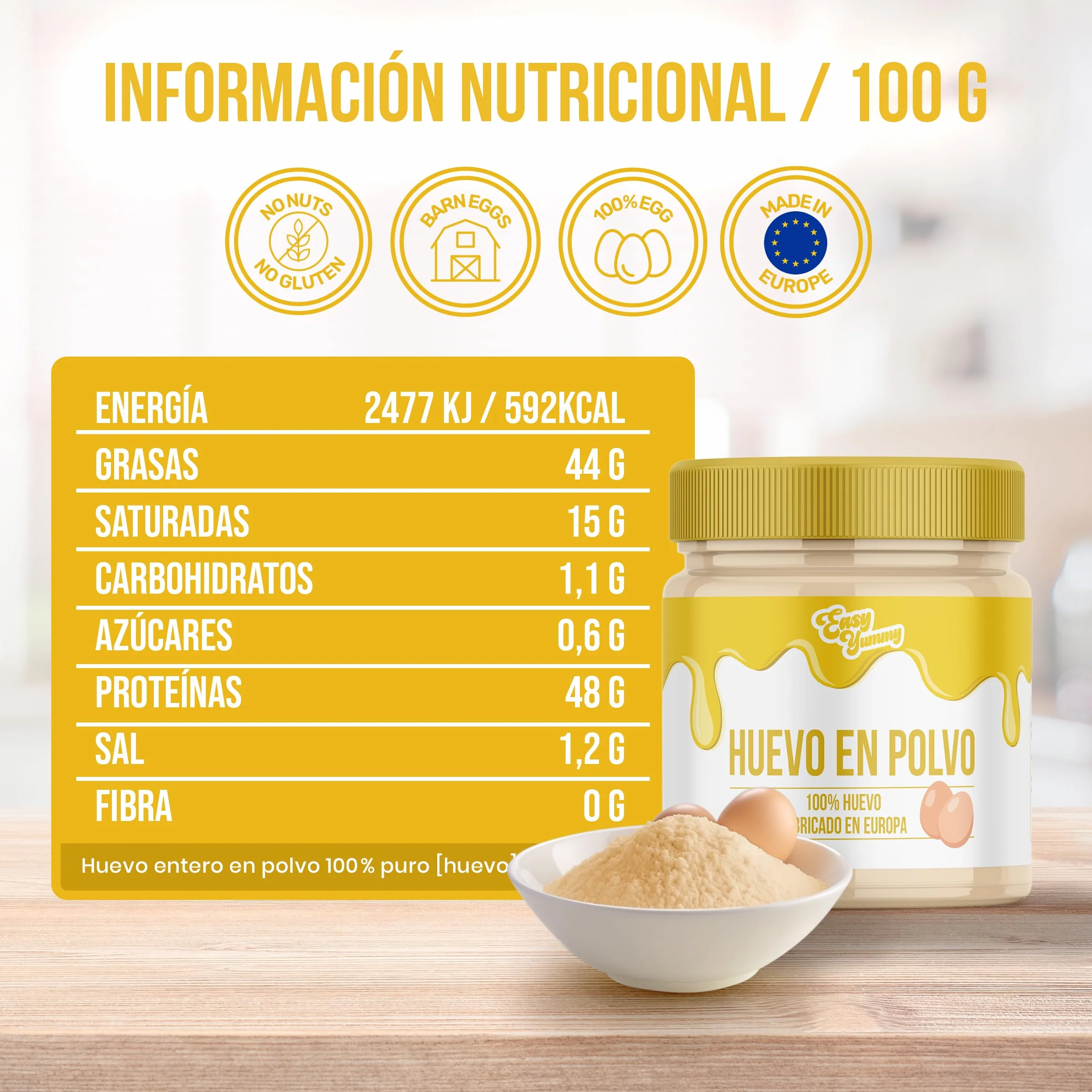 Huevo entero en polvo 500 g EASY YUMMY para cocinar, huevos revueltos, tortillas y repostería