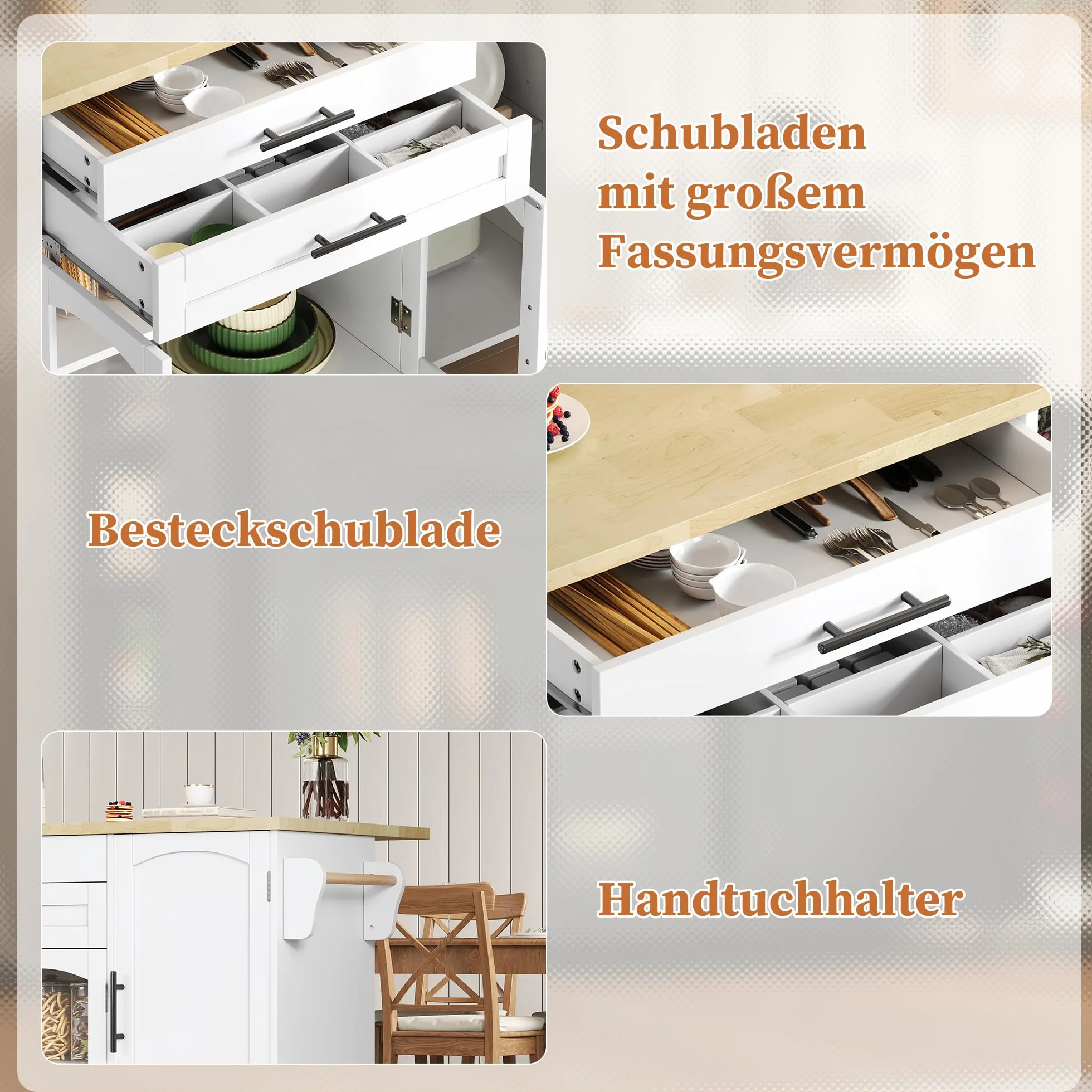 Isla de cocina con encimera, carrito de cocina independiente con 5 ruedas, armario de cocina con estante para especias y cajón, para cocina y comedor 120 x 45 x 90 cm (blanco)
