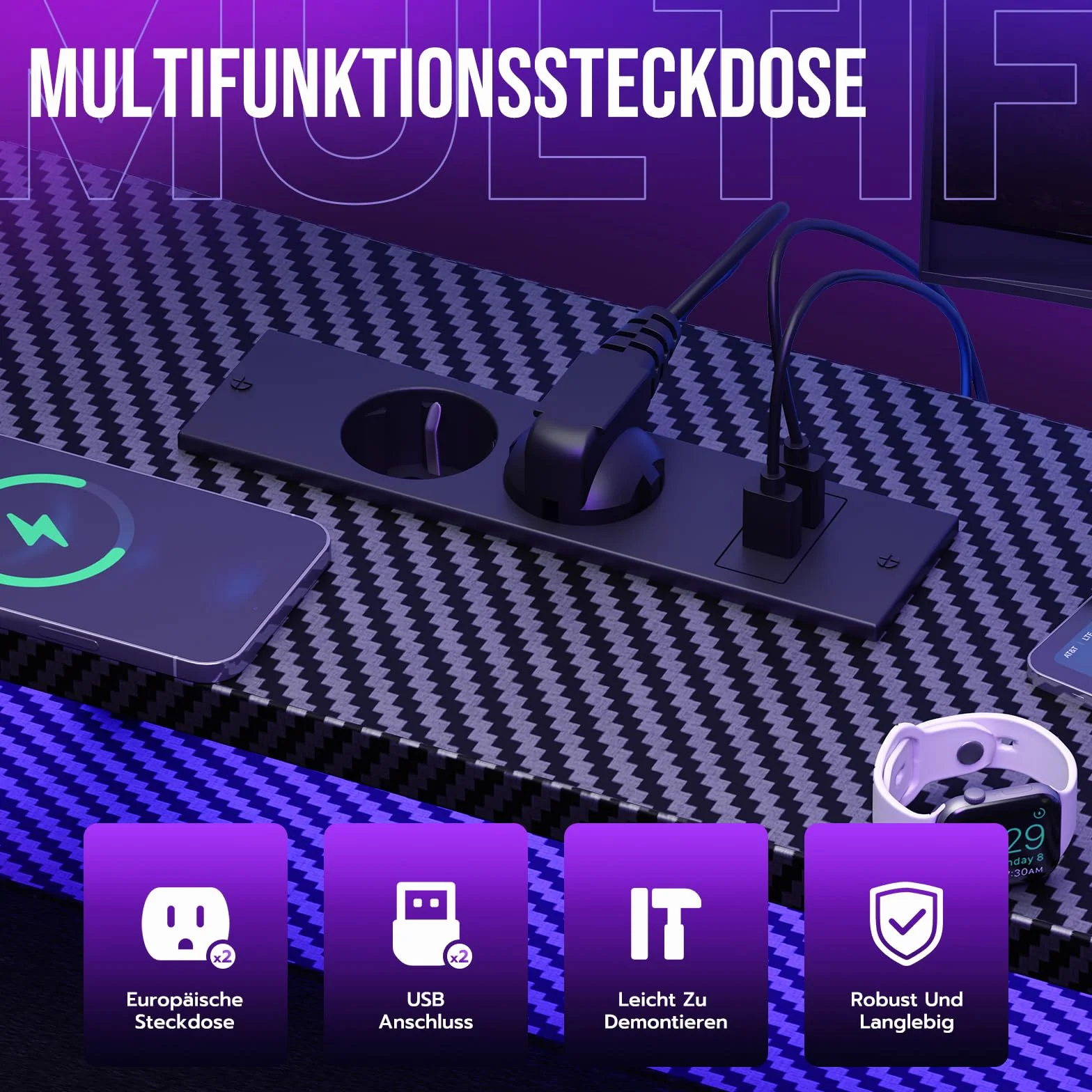 YOUDENOVA Escritorio para juegos con 4 cajones de tela, 150 x 48 cm, doble cara, con LED y enchufe, escritorio de oficina con soporte de monitor, conexión USB, mesa para oficina en casa y jugadores