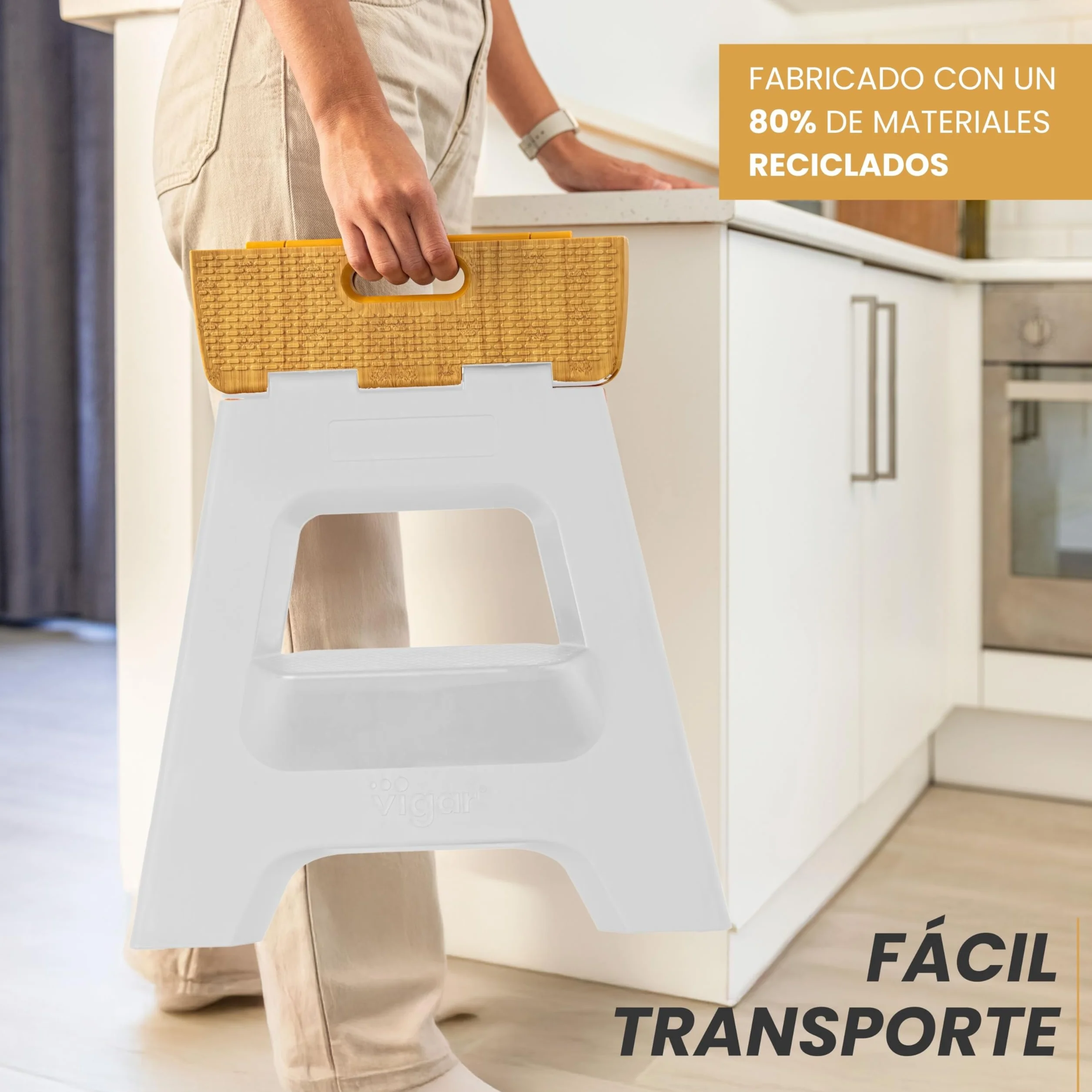 Vigar Taburete Plegable Portatil Compacto 40 cm Antideslizante de Dos Peldaños, Silla Banco para Casa Cocina Baño Oficina, 150 kg Gris Bamboo