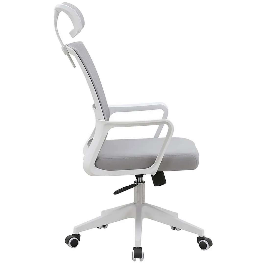 Silla de Oficina Ergonómica Acomoda Textil con Respaldo de Malla, Asiento Tapizado, Altura Regulable, Base Resistente con Ruedas, Blanco-Gris