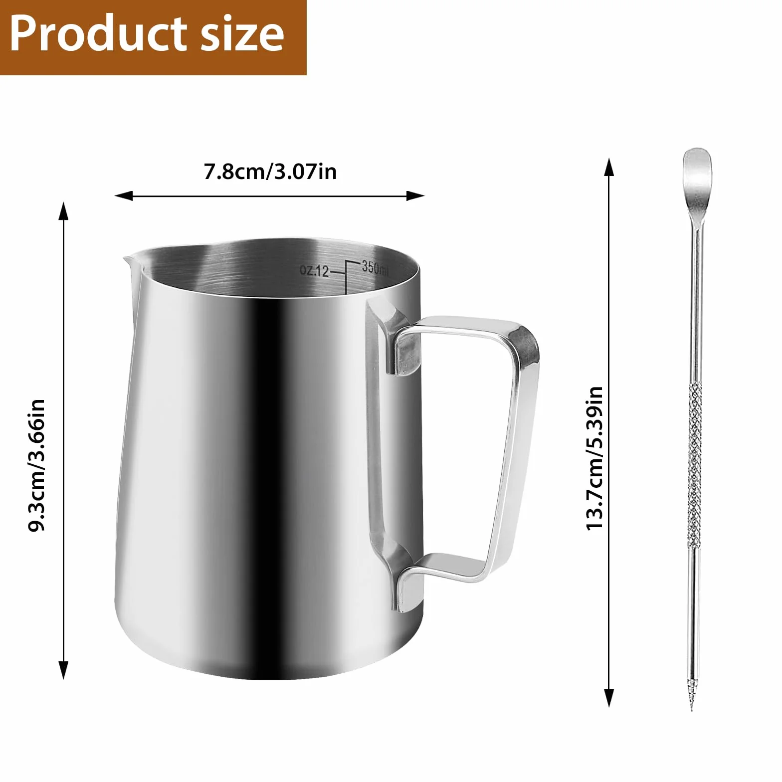 Jarra Leche Barista 350ml Acero Inoxidable Escala, Aguja Latte Art, Para Espuma Cappuccino Espresso (Plateado)