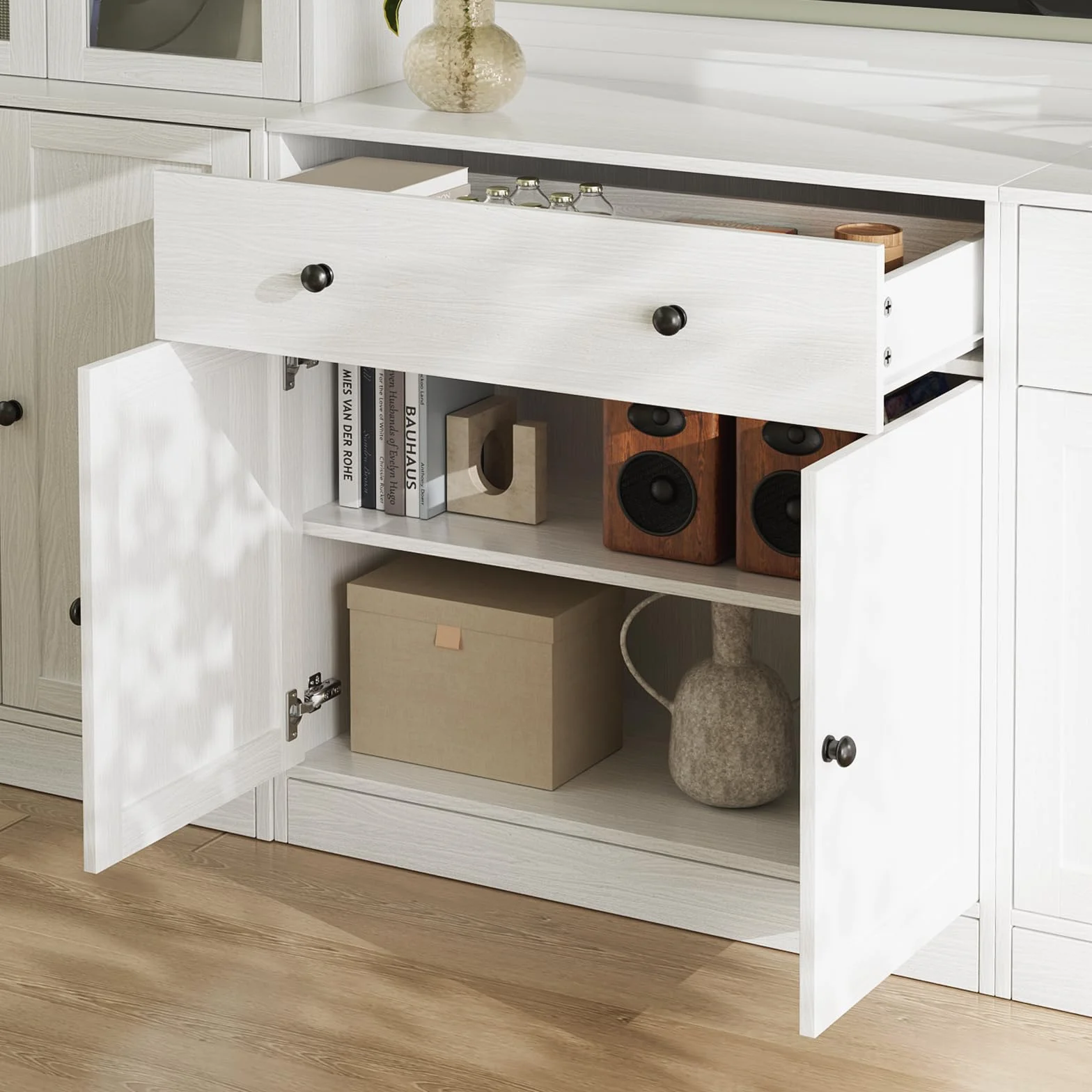 VOWNER Grande Mueble de TV para Televisores de hasta 70 Pulgadas, 280 x 180,3 x 40 cm, Mesa de TV, Módulo TV, Mueble de Salón Moderno con Cajones y Puertas de Cristal, 2A+2D (Blanco)
