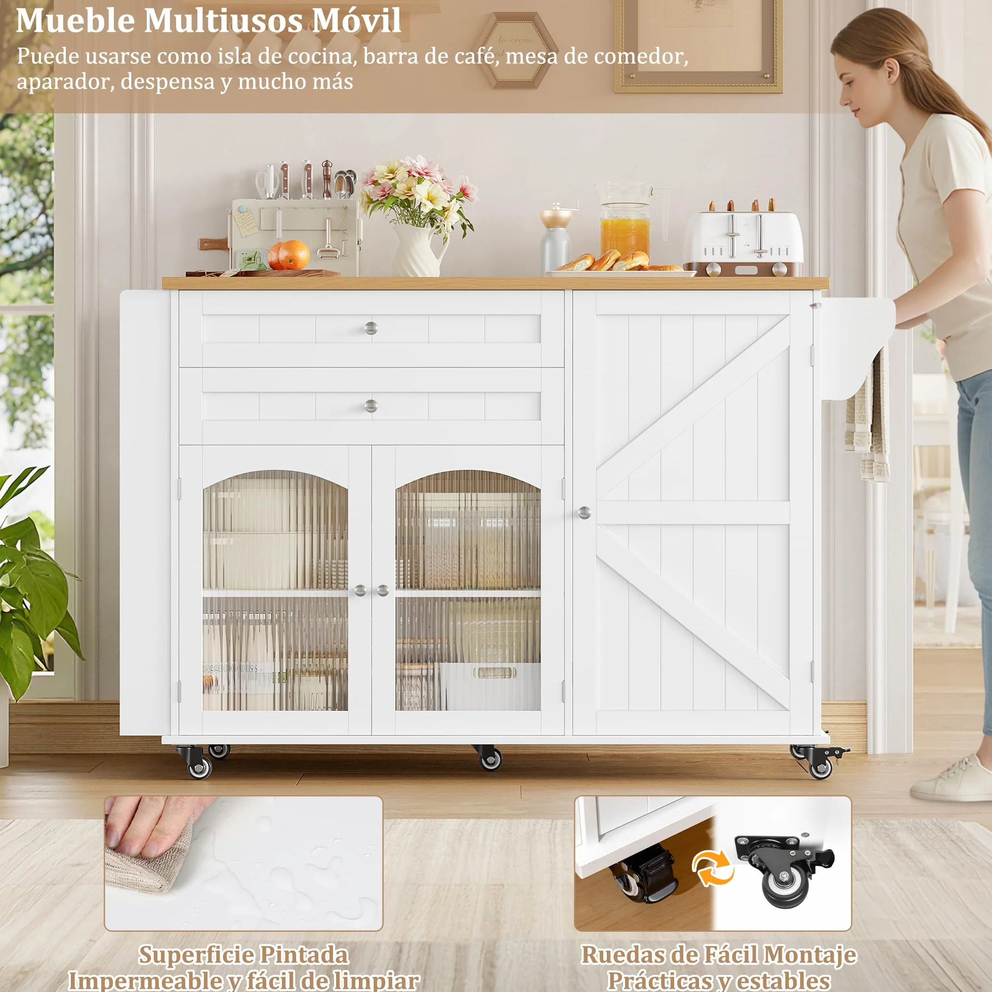 FirFurd Isla Cocina con Ruedas, Isla de Cocina con Barra, Mueble Cocina Auxiliar, con Mesa Plegable, con 5 Ruedas, 2 Cajones y 3 Puertas, Especiero y Toallero (Blanco)