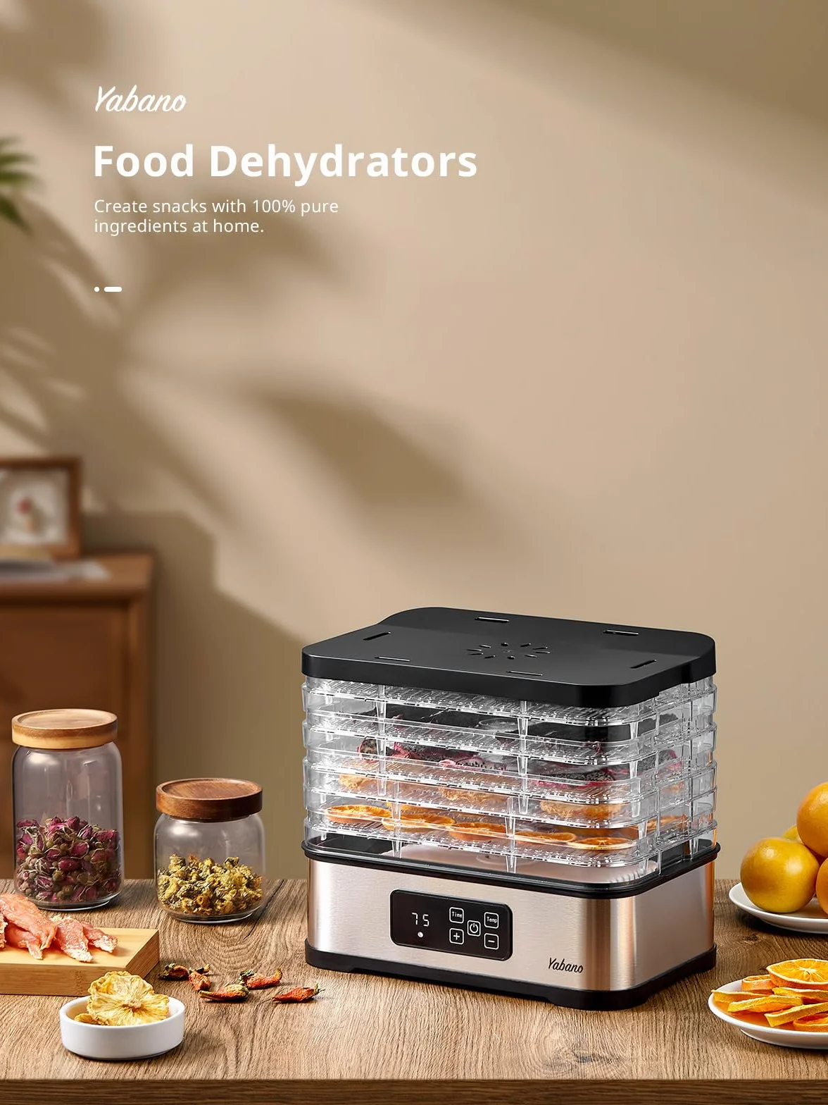 Deshidratador de Alimentos 5 Bandejas, Temperatura 35-70°C, Temporizador 72h, Libre de BPA