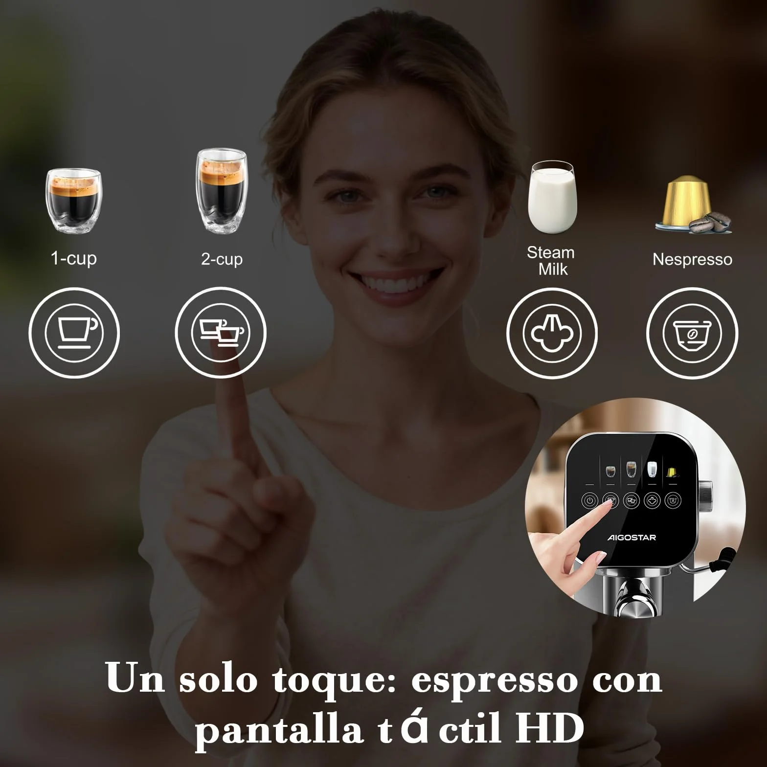 Aigostar Barista - Cafetera Espresso y Capuccino, Compatible con cápsulas y café molido, 20 Bares, Panel Táctil Digital, 1 o 2 tazas, Máquina de café con espumador de leche, 0.9L, 1350W, Inox